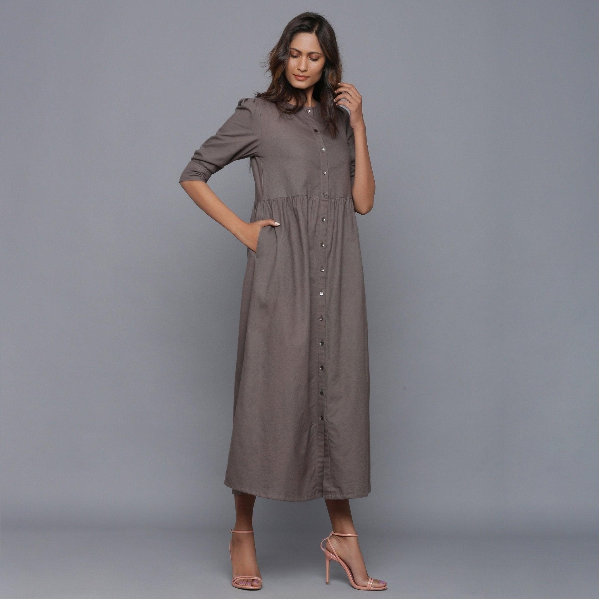Ash Grey Warm Cotton Flannel Gathered Maxi Dress 66" / Petite (5'1" and below) Ash Grey Warm Cotton Flannel Gathered Maxi Dress 66" / Petite (5'1" and below)