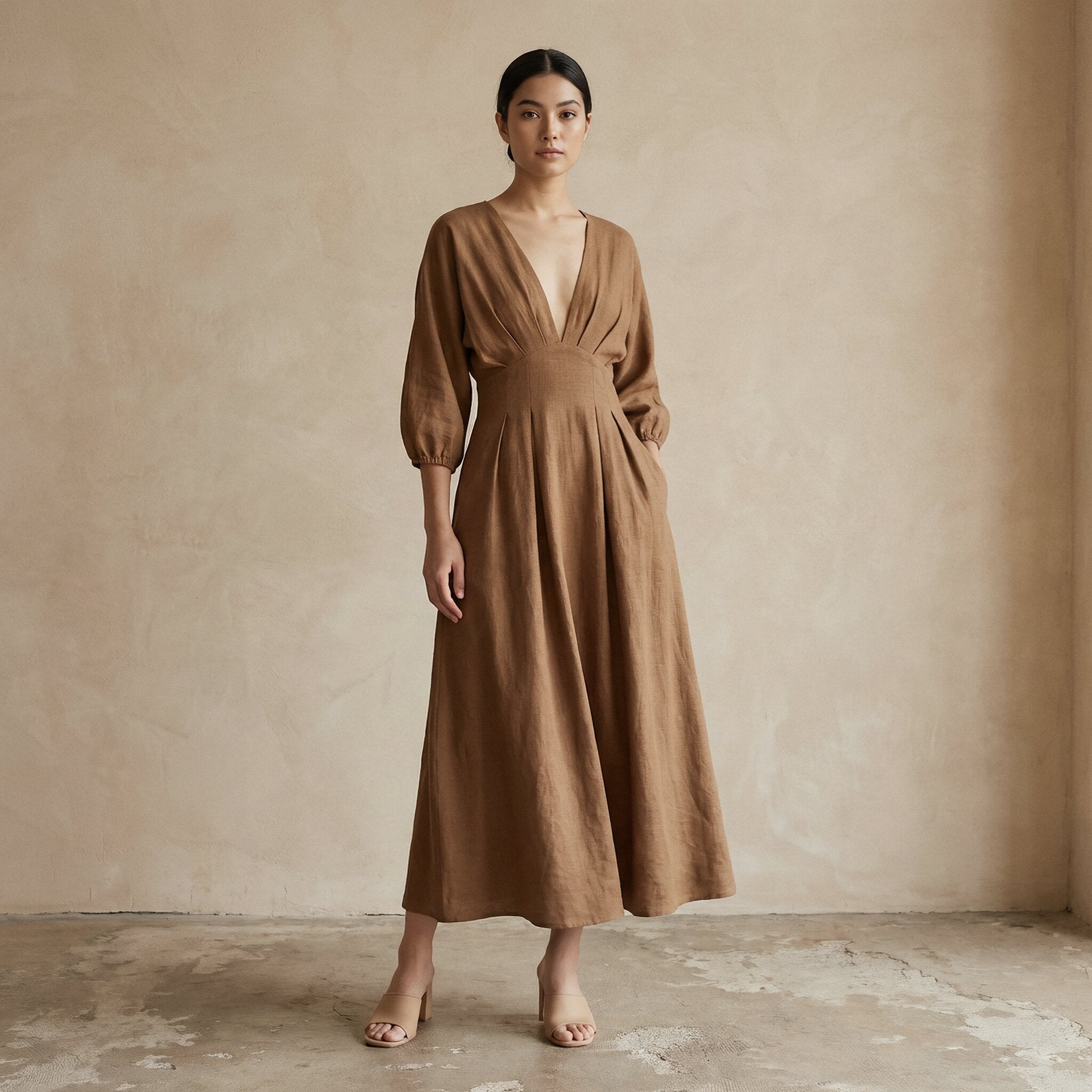 Beige 100% Cotton Deep-V Neck Empire Waist Maxi Dress 32