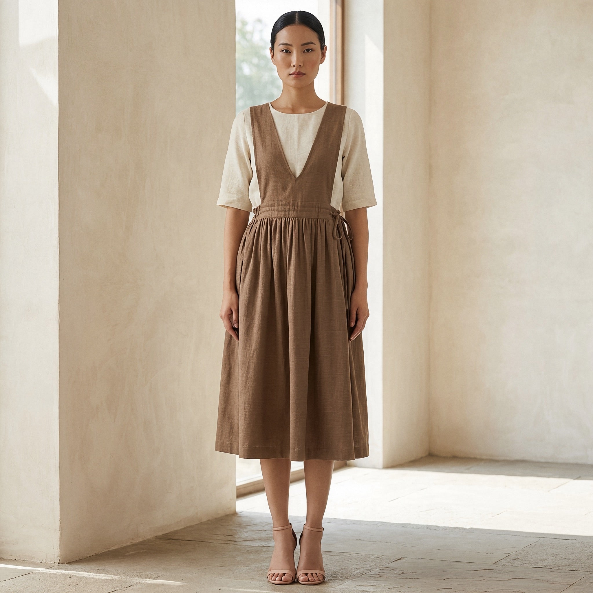 beige pinafore dress 100% Cotton V-Neck Midi Wrap 68
