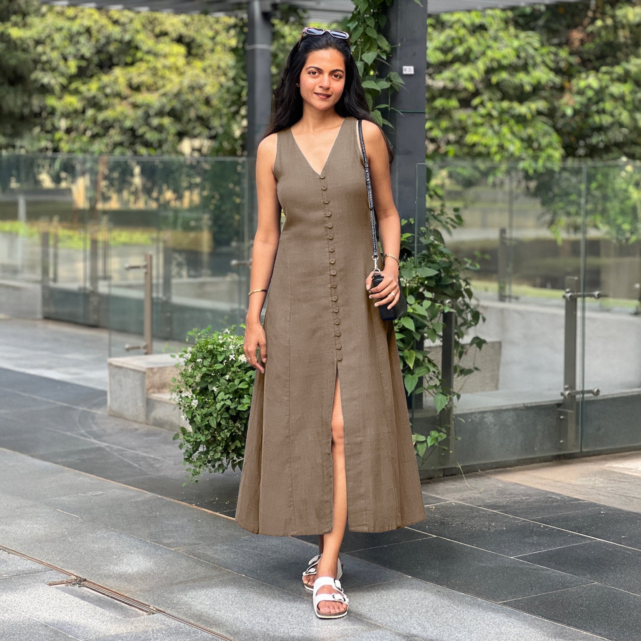 beige a line dress Cotton Flax A-Line Front Slit Maxi 56