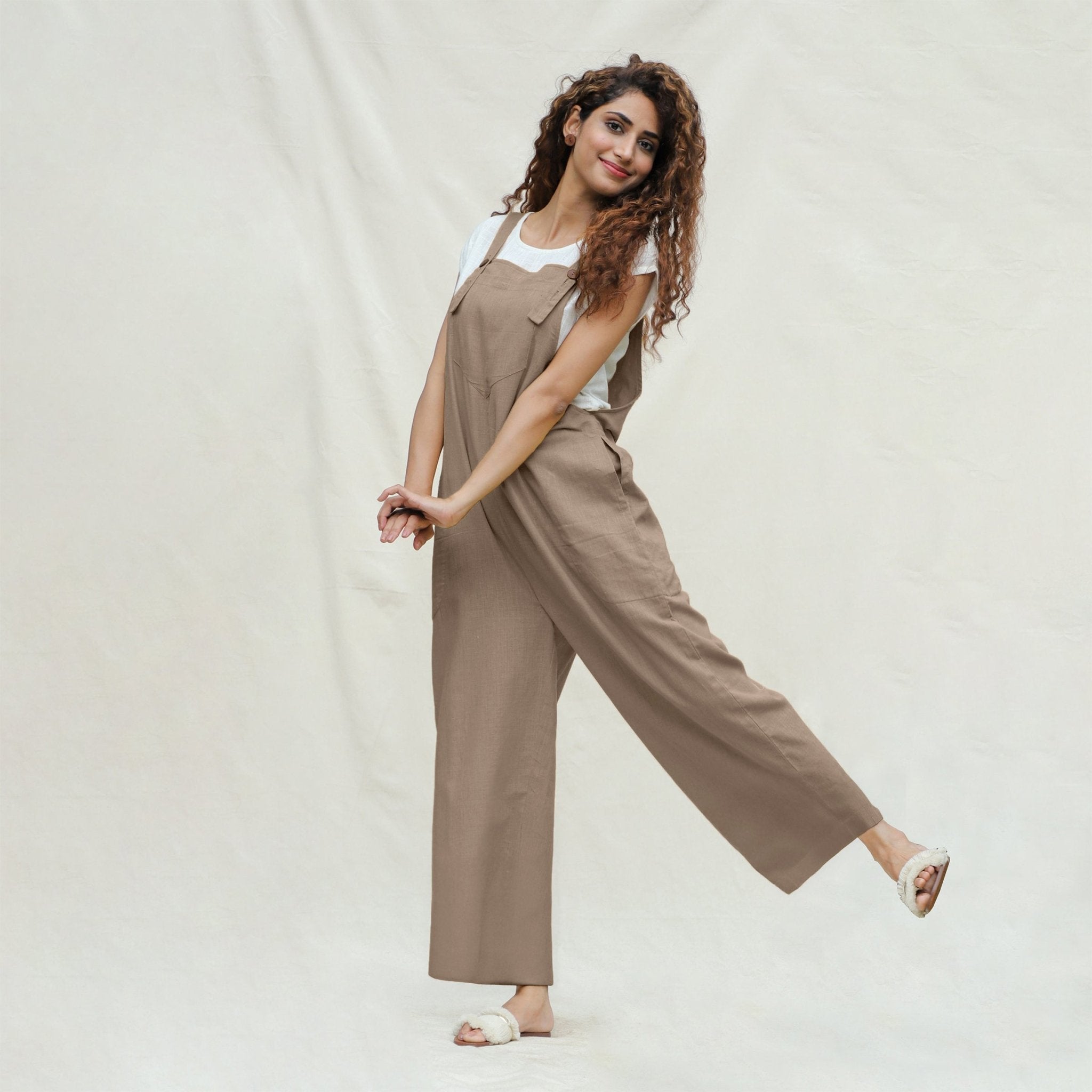 Buy Beige Cotton Flax Ankle Length Dungaree Jumpsuit Online at