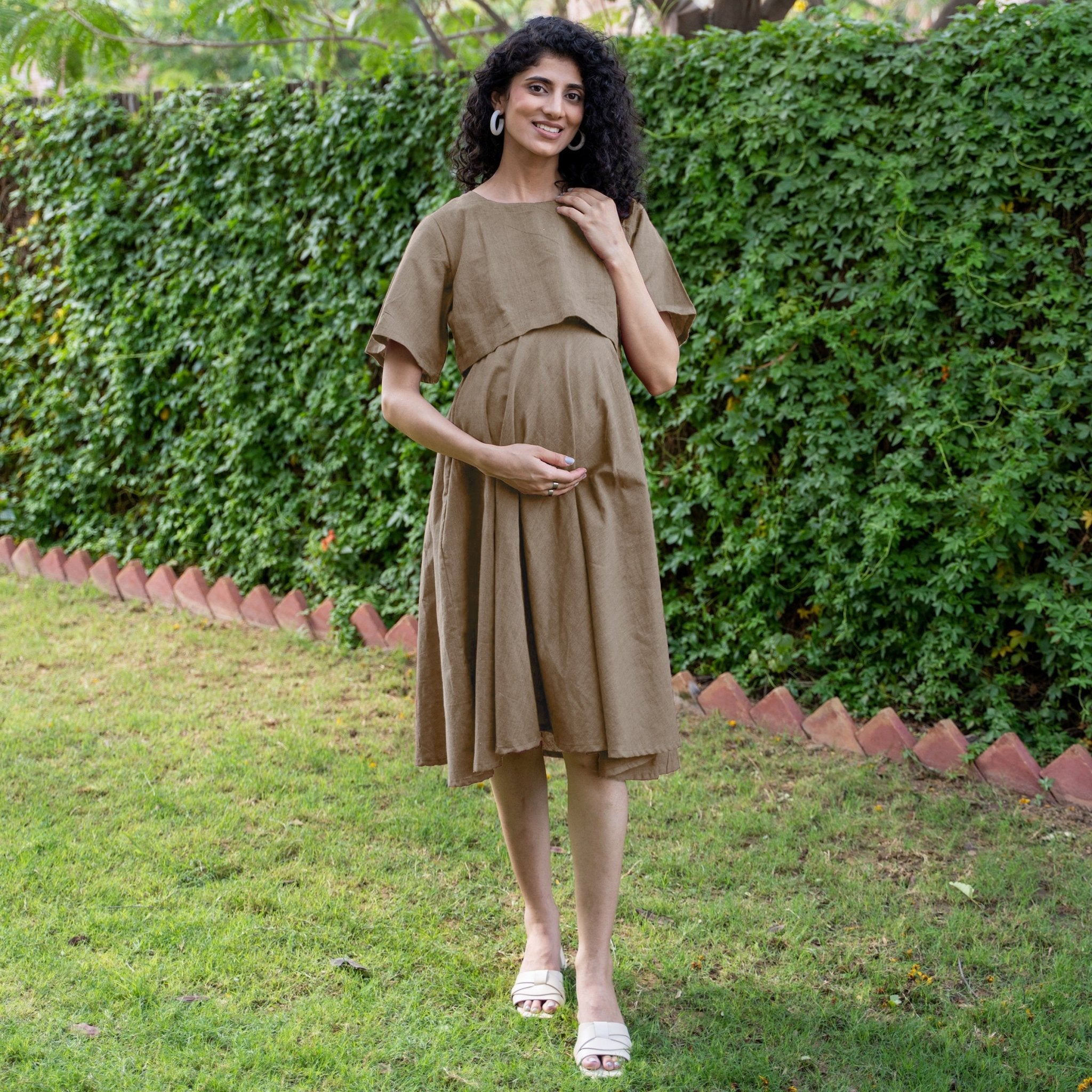 Beige Cotton Flax Fit and Flare Knee Length Pre and Post Maternity Dress 62" / Regular (5'2" - 5'6") Beige Cotton Flax Fit and Flare Knee Length Pre and Post Maternity Dress 62" / Regular (5'2" - 5'6")