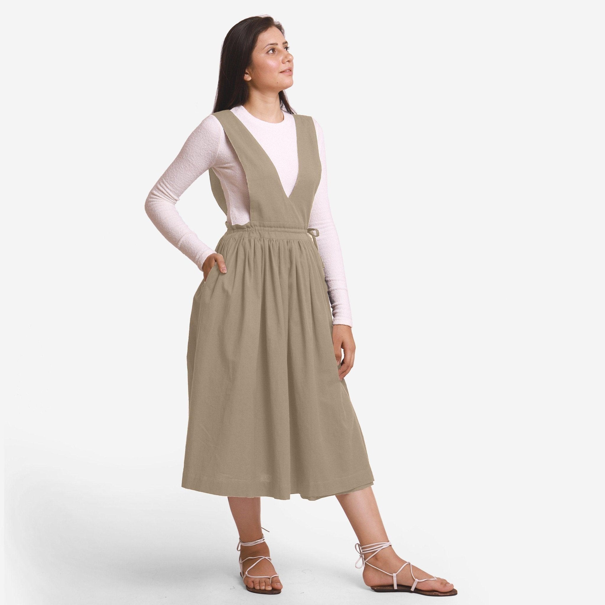 Beige Cotton Flax Pinafore Wrap Dress, popular Customizable Dress for Women, Midi Dress with Pockets