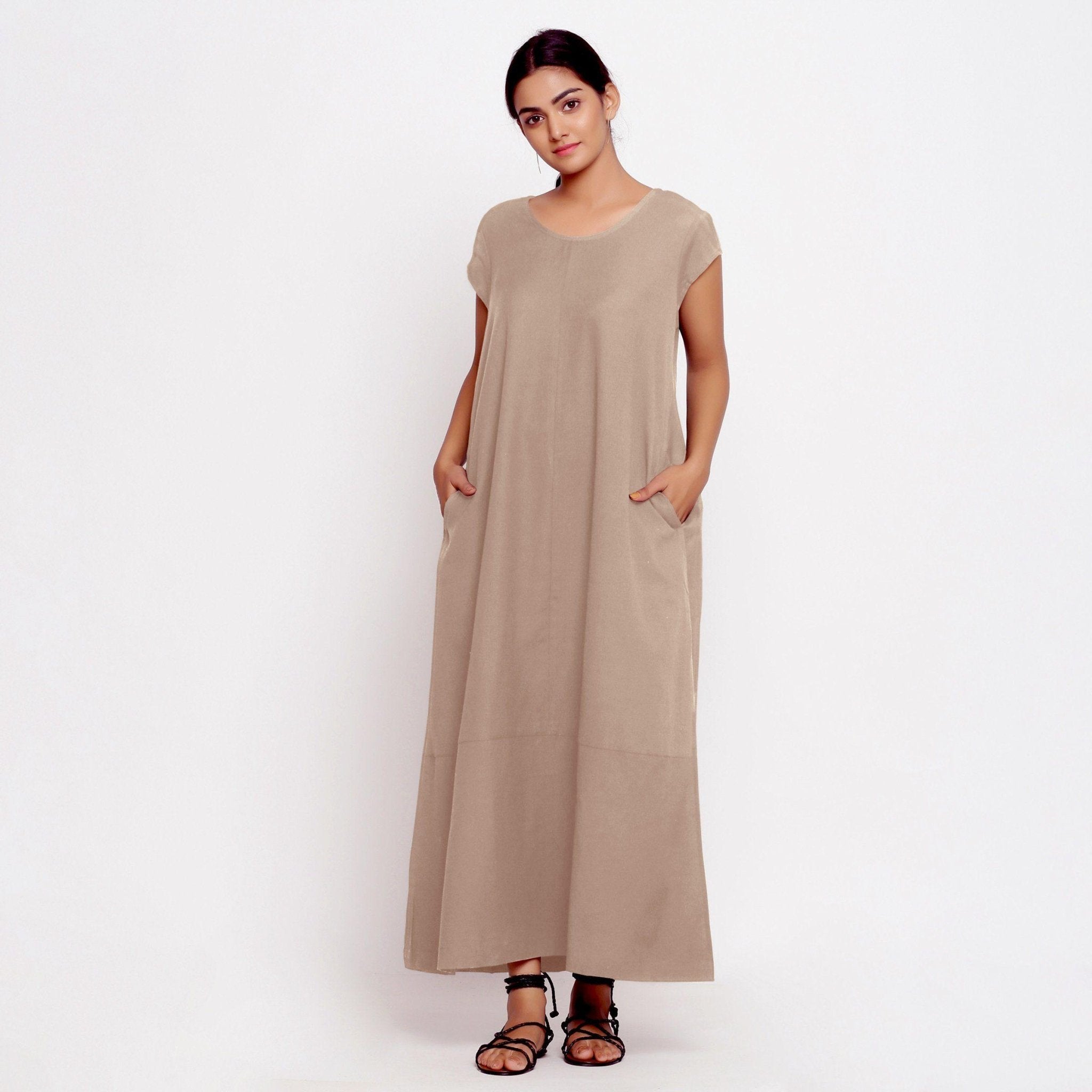 Beige Cotton Flax Scoop Neck Paneled Maxi Dress 48