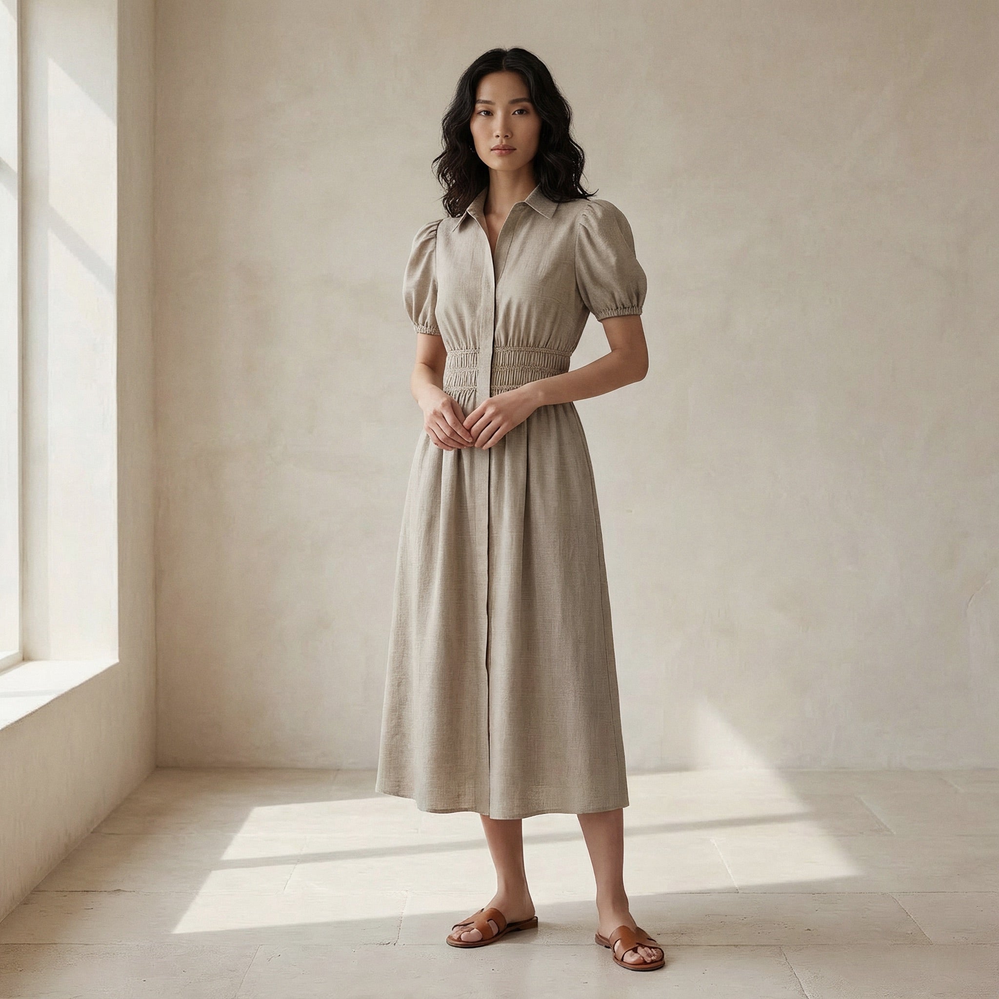 Beige Cotton Linen Button-Down Midi Shirt Dress 34