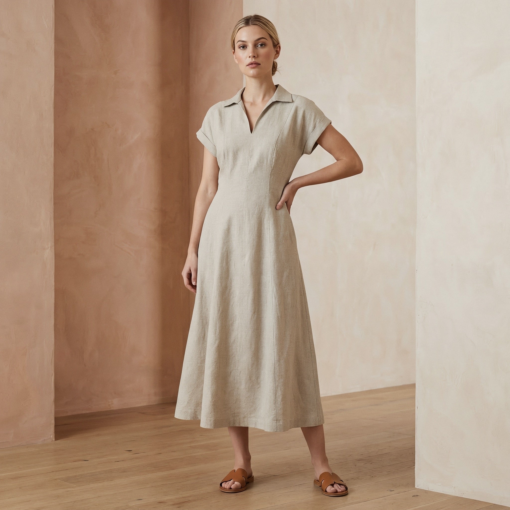 linen beige dress SUMMER Wrap The Timeless Touch Oatmeal Linen Midi Dress is the definition of timeless and chic Women's Beige Linen Midi Dress