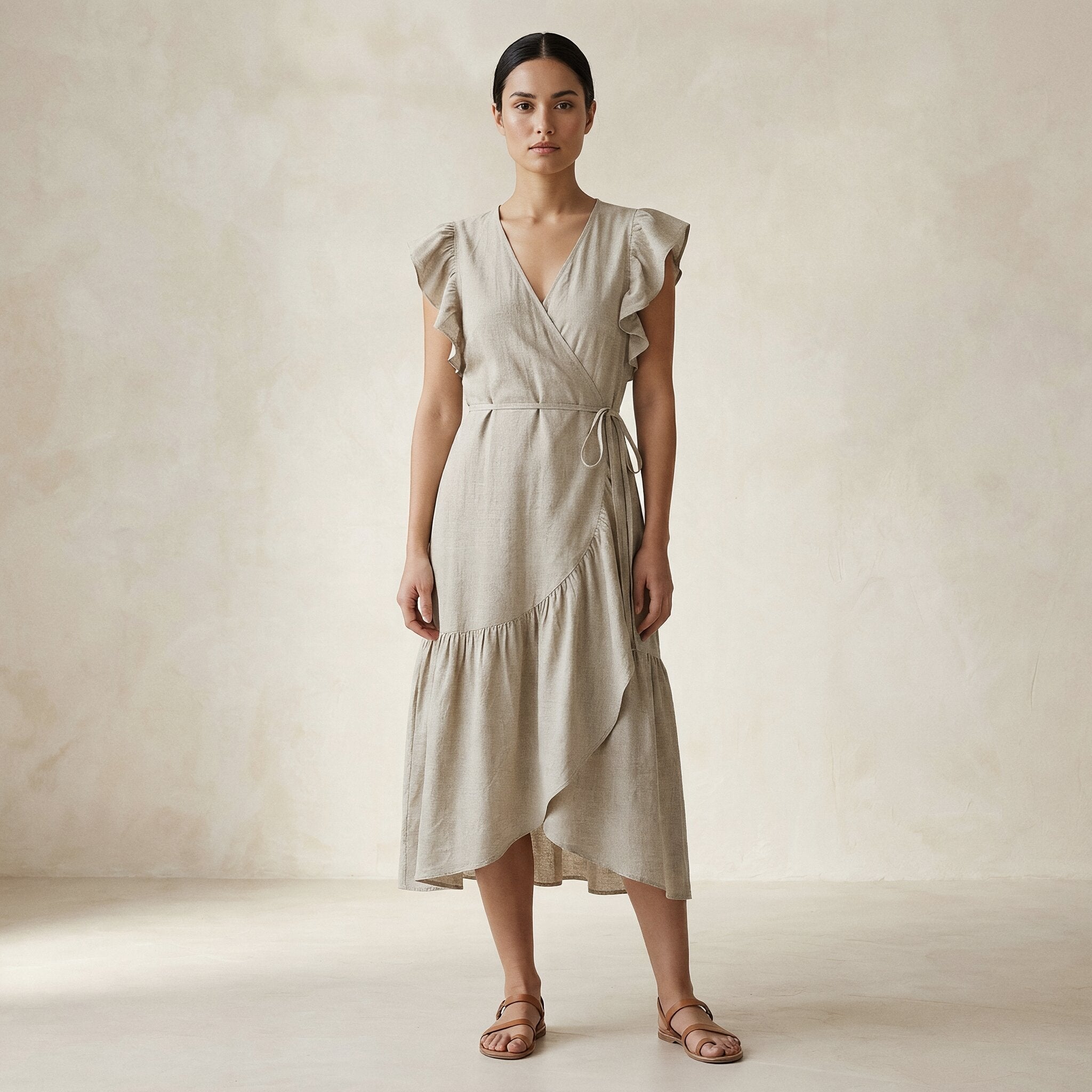ruffled linen wrap midi dress Brown Cotton Linen Ruffle Midi Wrap Dress 30" / Petite (5'1" and below)