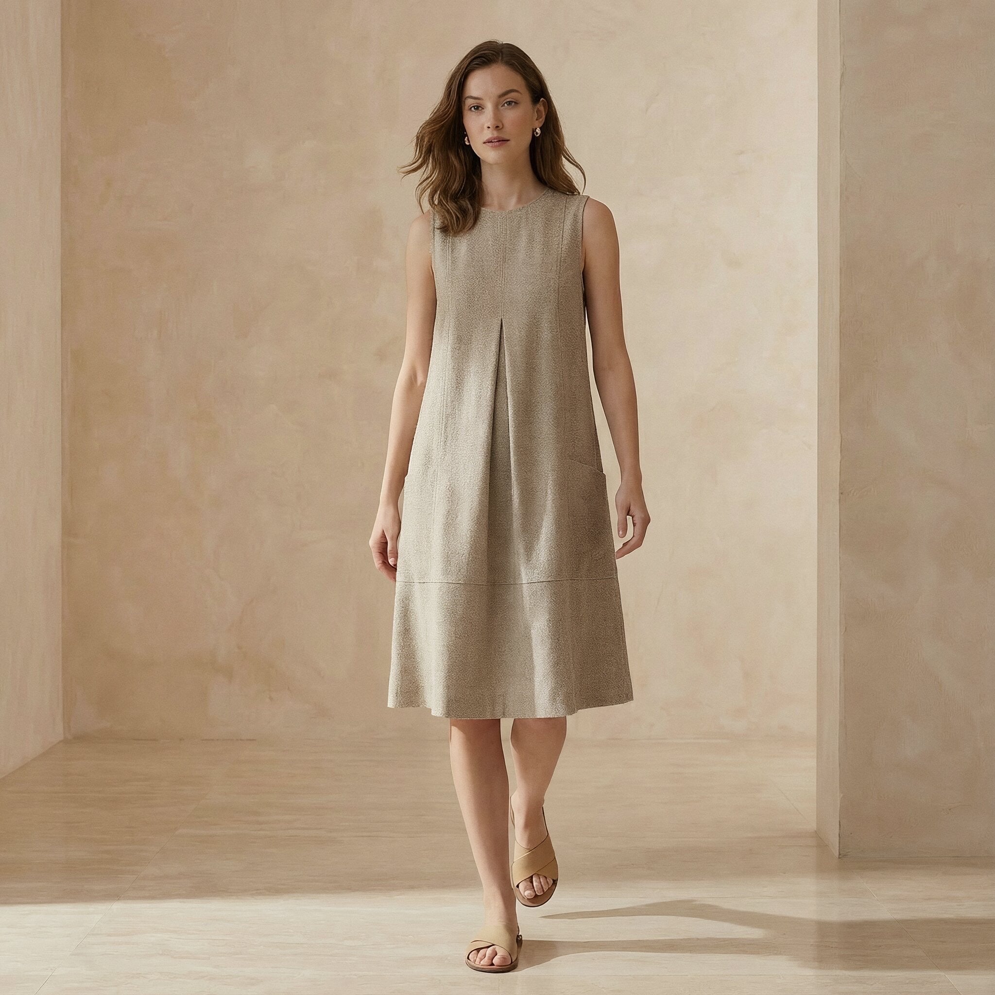 Beige Cotton Linen Sleeveless Paneled Swing Dress 66