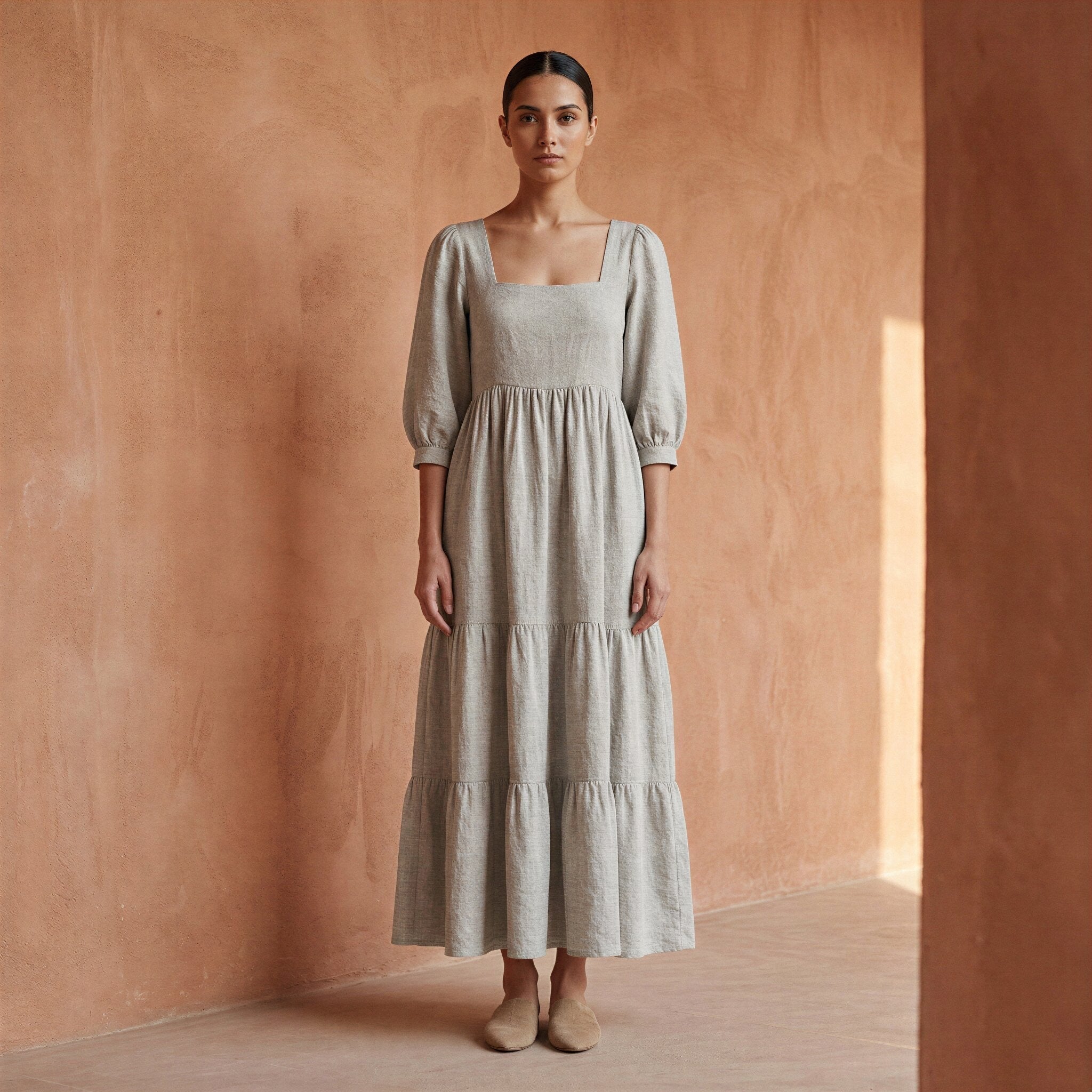 beige square neck dress Beige Square Neck Jacquard Midi Dress