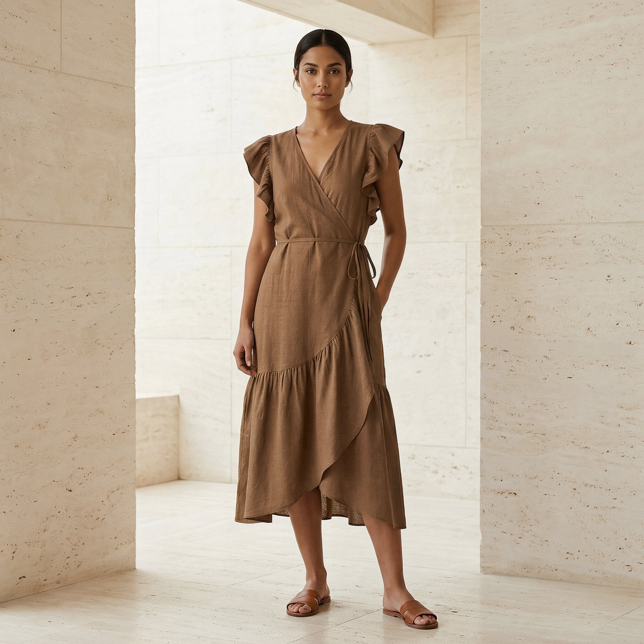 Buy Beige Cotton Ruffle Midi Wrap Dress Online at SeamsFriendly