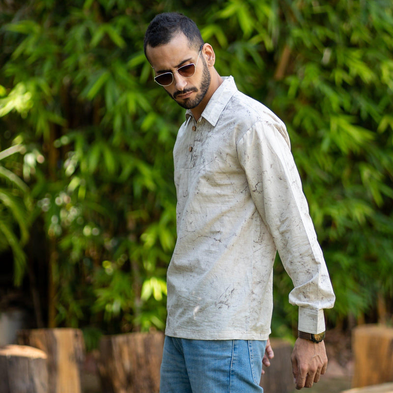 Beige Dabu Hand-Lep Cotton Full Sleeve Polo T-Shirt