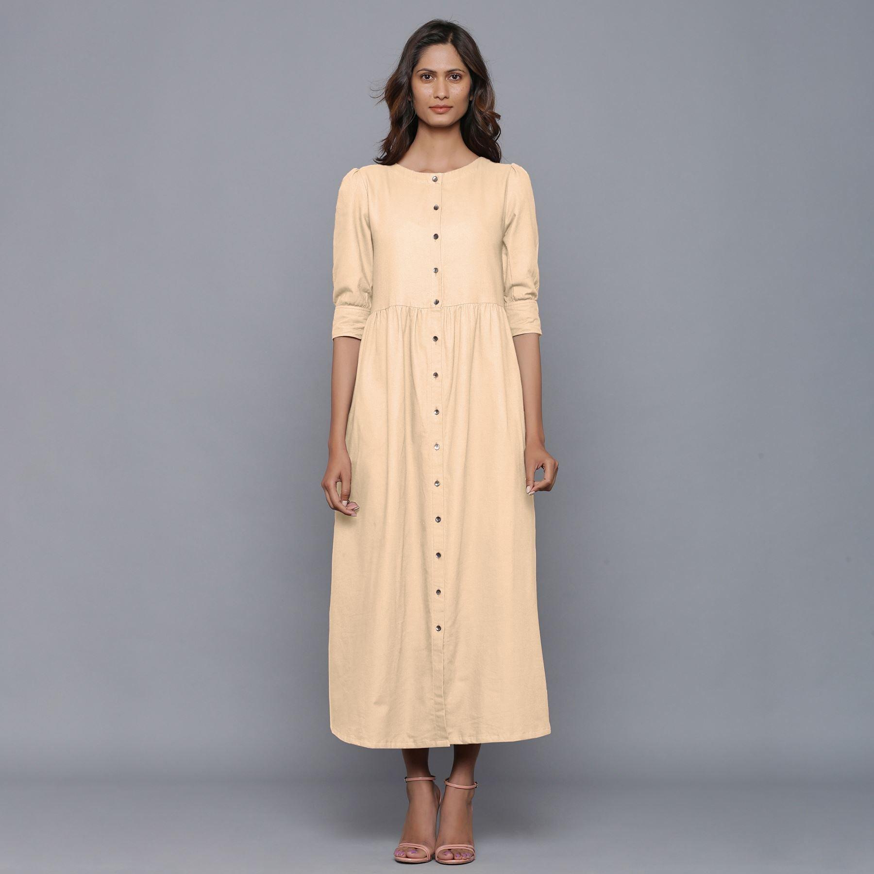 warm beige dress Beige Warm Cotton Flannel Knee Length Frilled Dress 26" / Regular (5'2"
