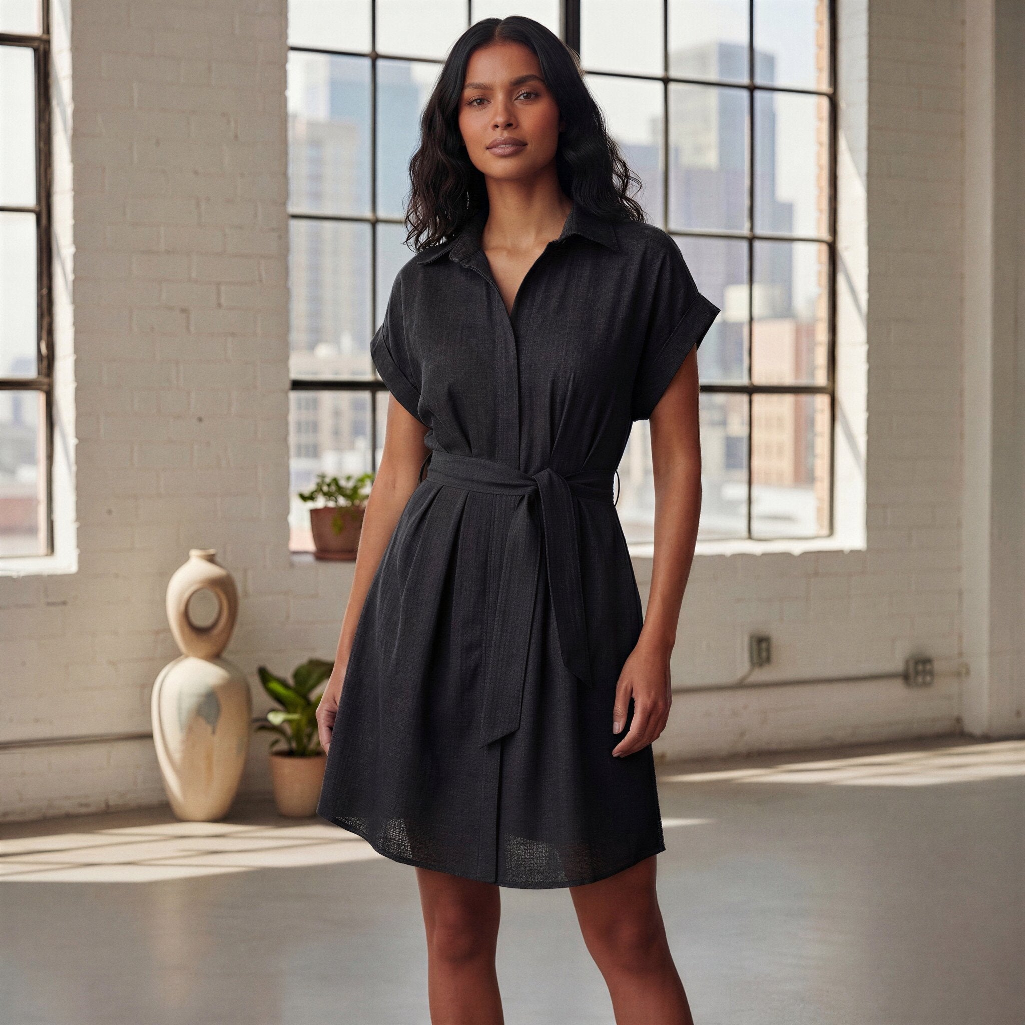 Black 100% Cotton A-Line Short Dress with Belt 34" / Custom Height (Free)