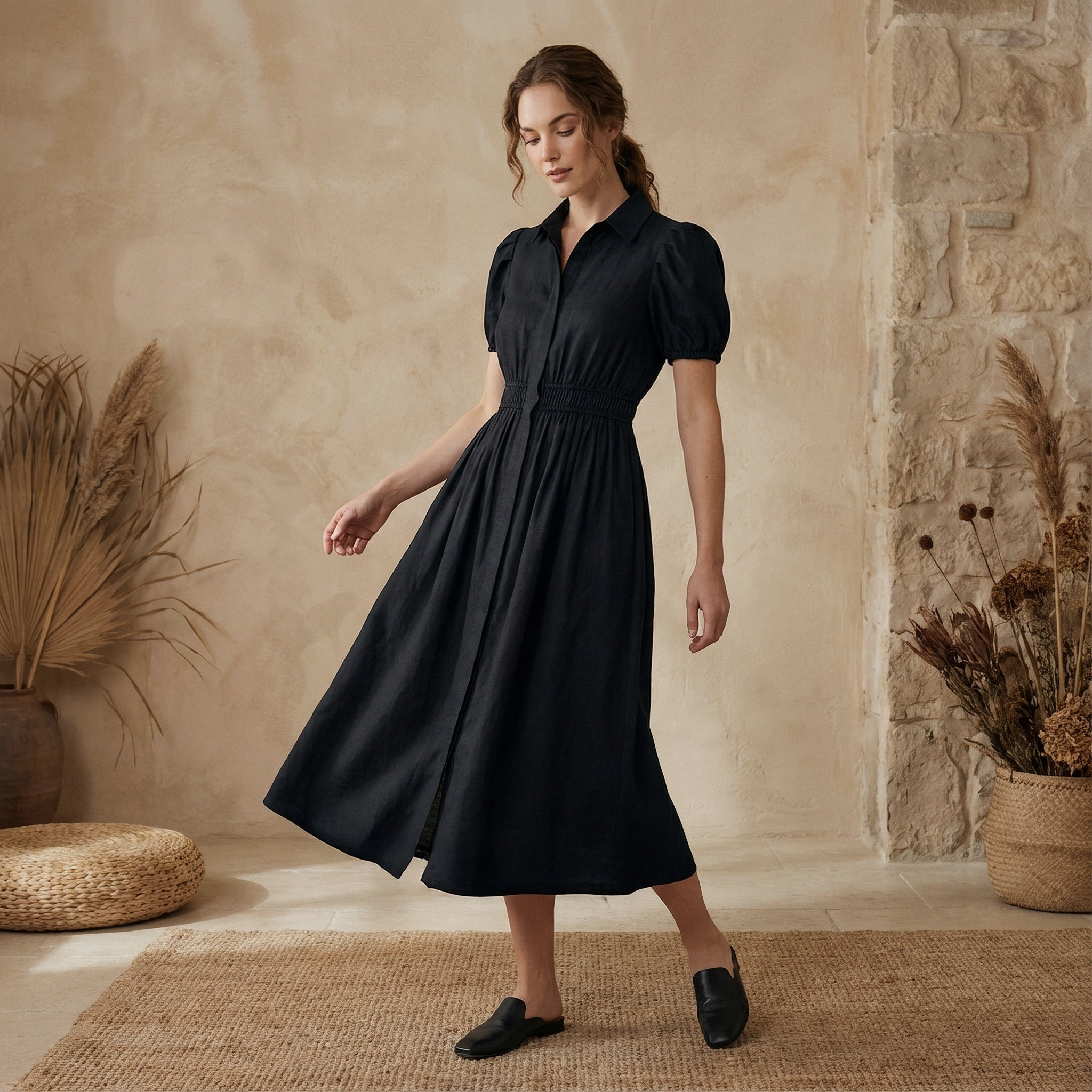 Black 100% Cotton Button-Down Midi Shirt Dress 54