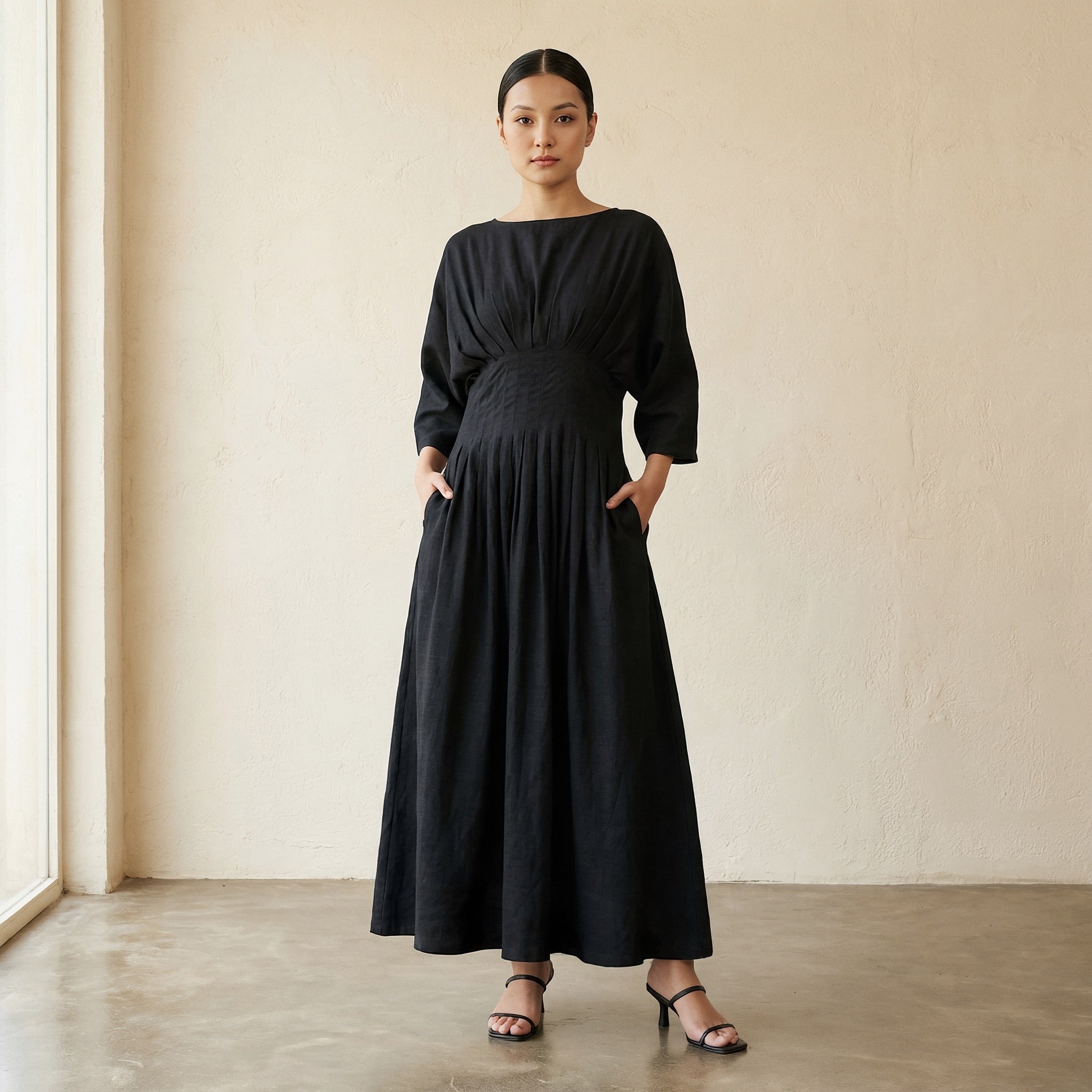 black cinched waist dress 100% Cotton Flared Maxi 26