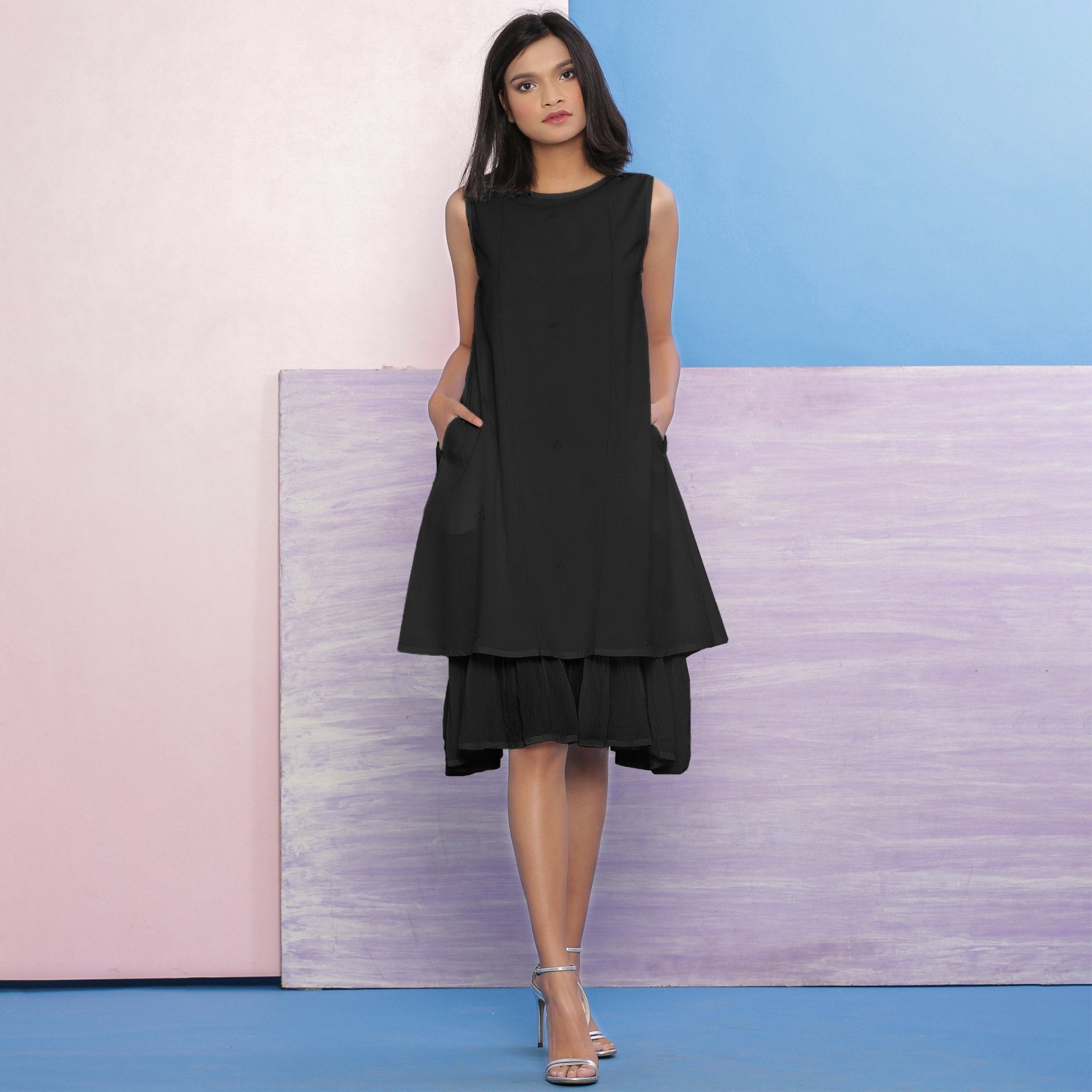 Black 100% Cotton Knee Length Hand Beaded A-Line Dress 66