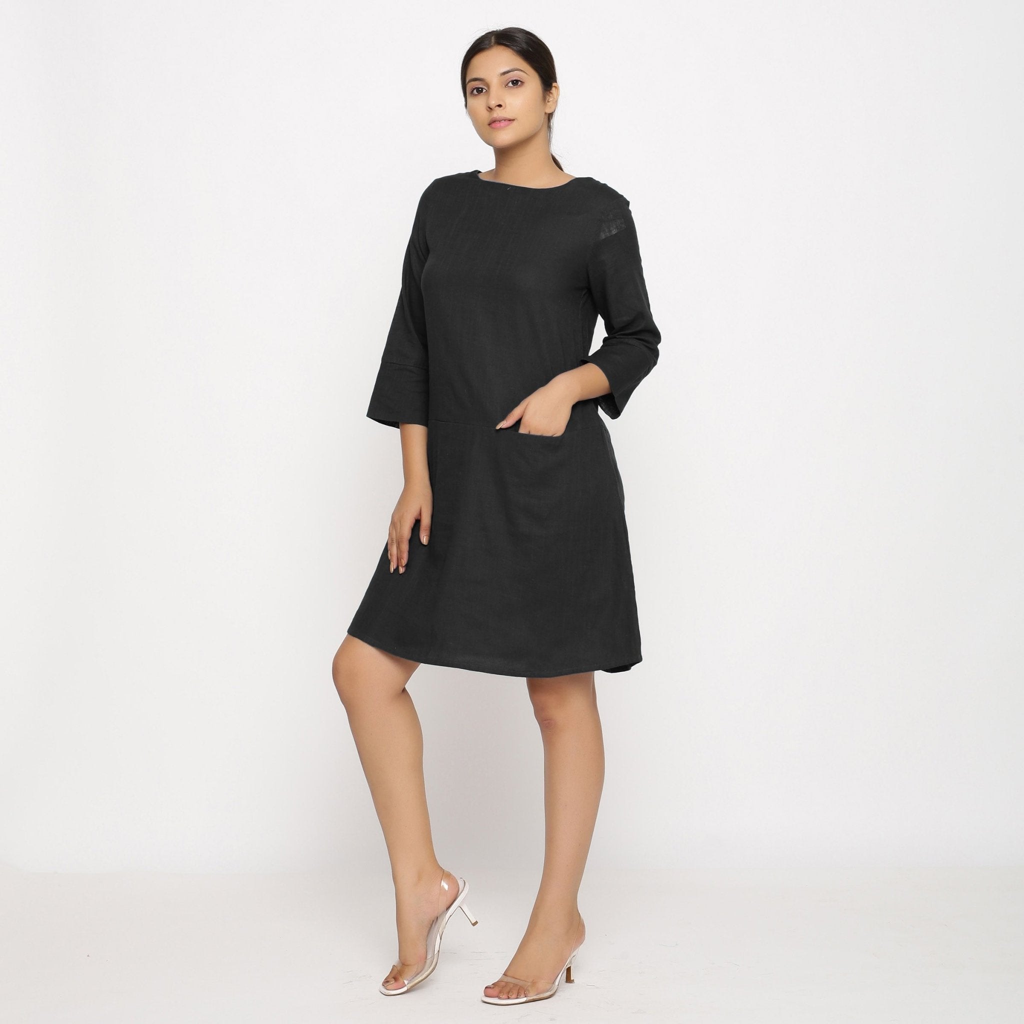 Black 100% Cotton Round Neck Short Tunic Dress 26