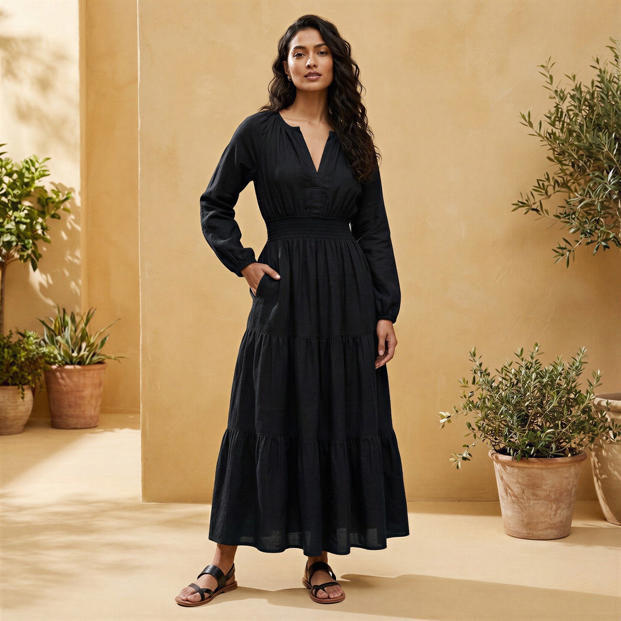 Black Cotton Fit and Flare Maxi Tier Dress 54