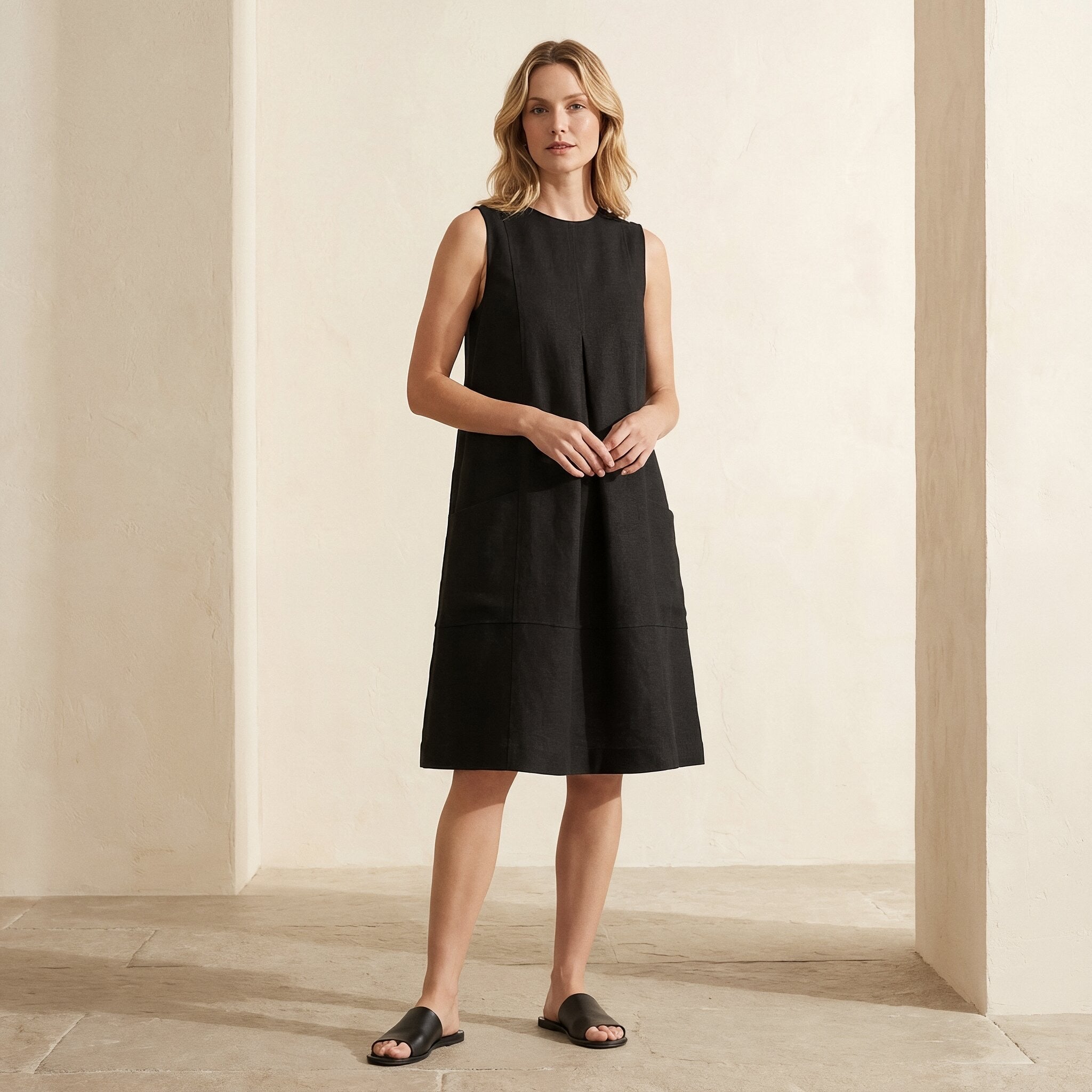 Black Cotton Linen Sleeveless Paneled Swing Dress 70" / Petite (5'1" and below) Black Cotton Linen Sleeveless Paneled Swing Dress 70" / Petite (5'1" and below)