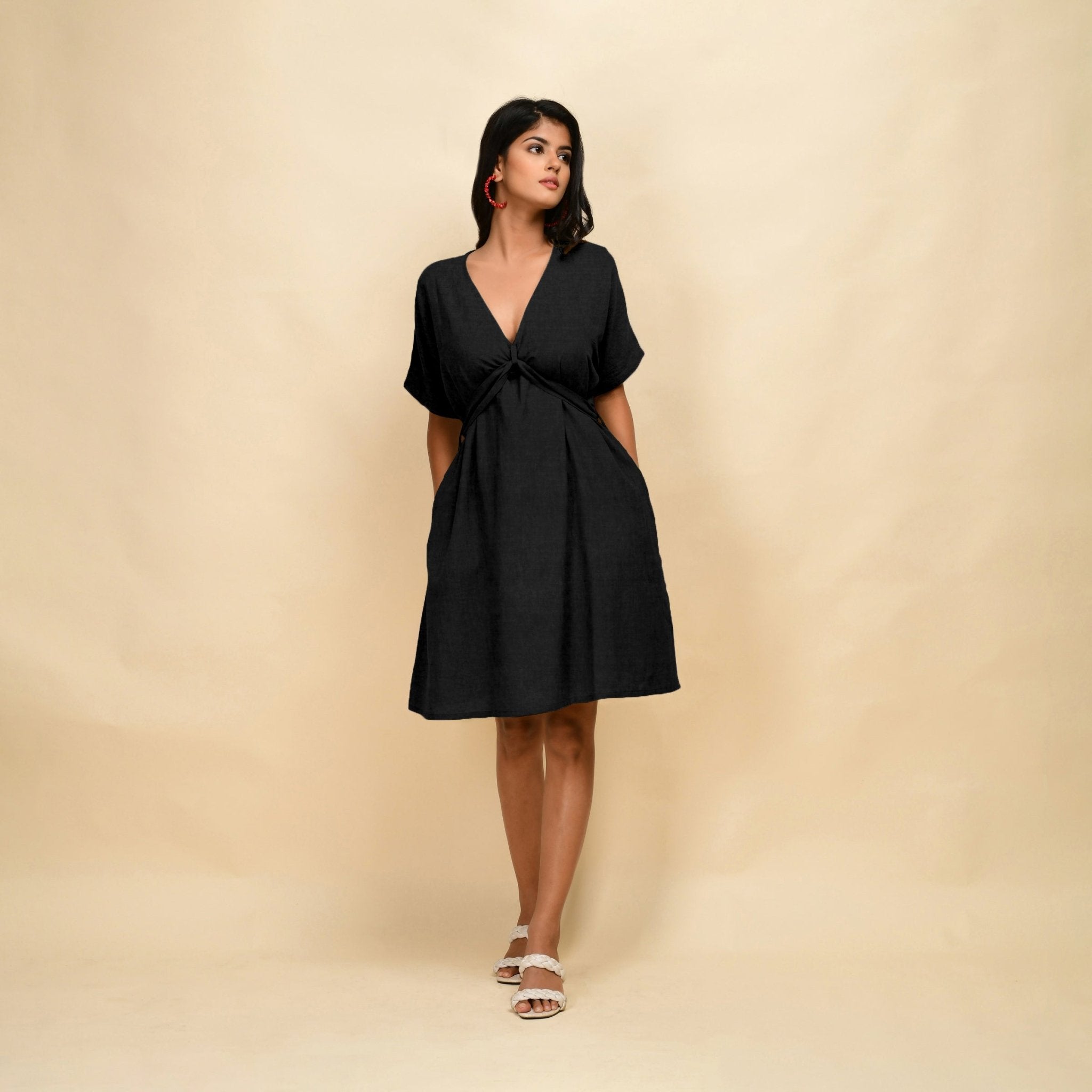 Black Cotton Linen V-Neck Knee Length Blouson Dress 66