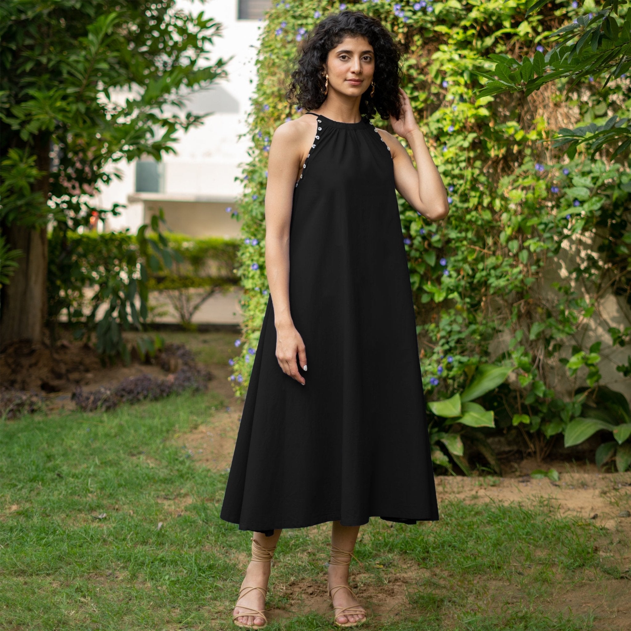 Black Cotton Poplin A-Line Detachable Sleeve Flared Midi Dress 54