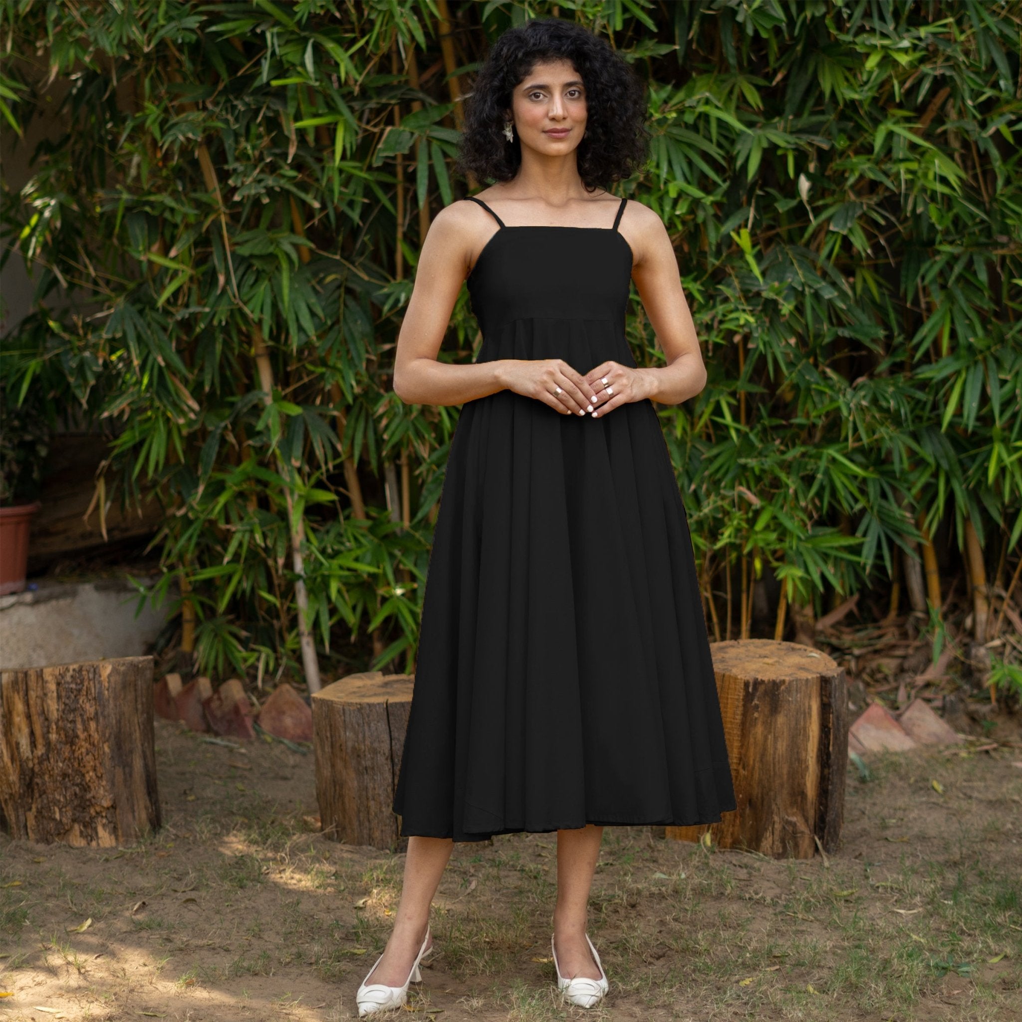 Black Cotton Poplin Fit and Flare Midi Empire Dress 46" / Regular (5'2" - 5'6") Black Cotton Poplin Fit and Flare Midi Empire Dress 46" / Regular (5'2" - 5'6")