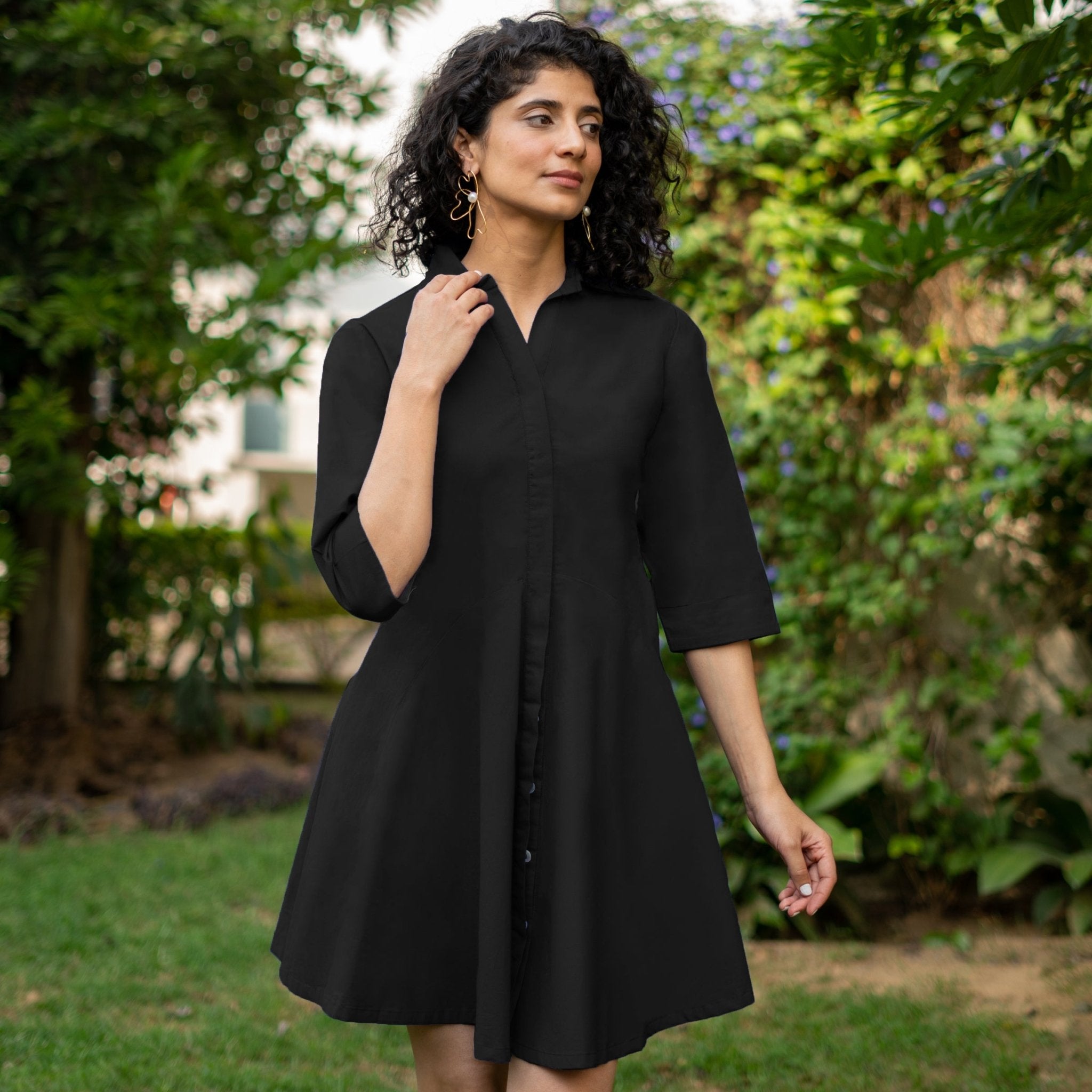 Black Cotton Poplin Fit and Flare Short Button-Down Shirt Dress 42