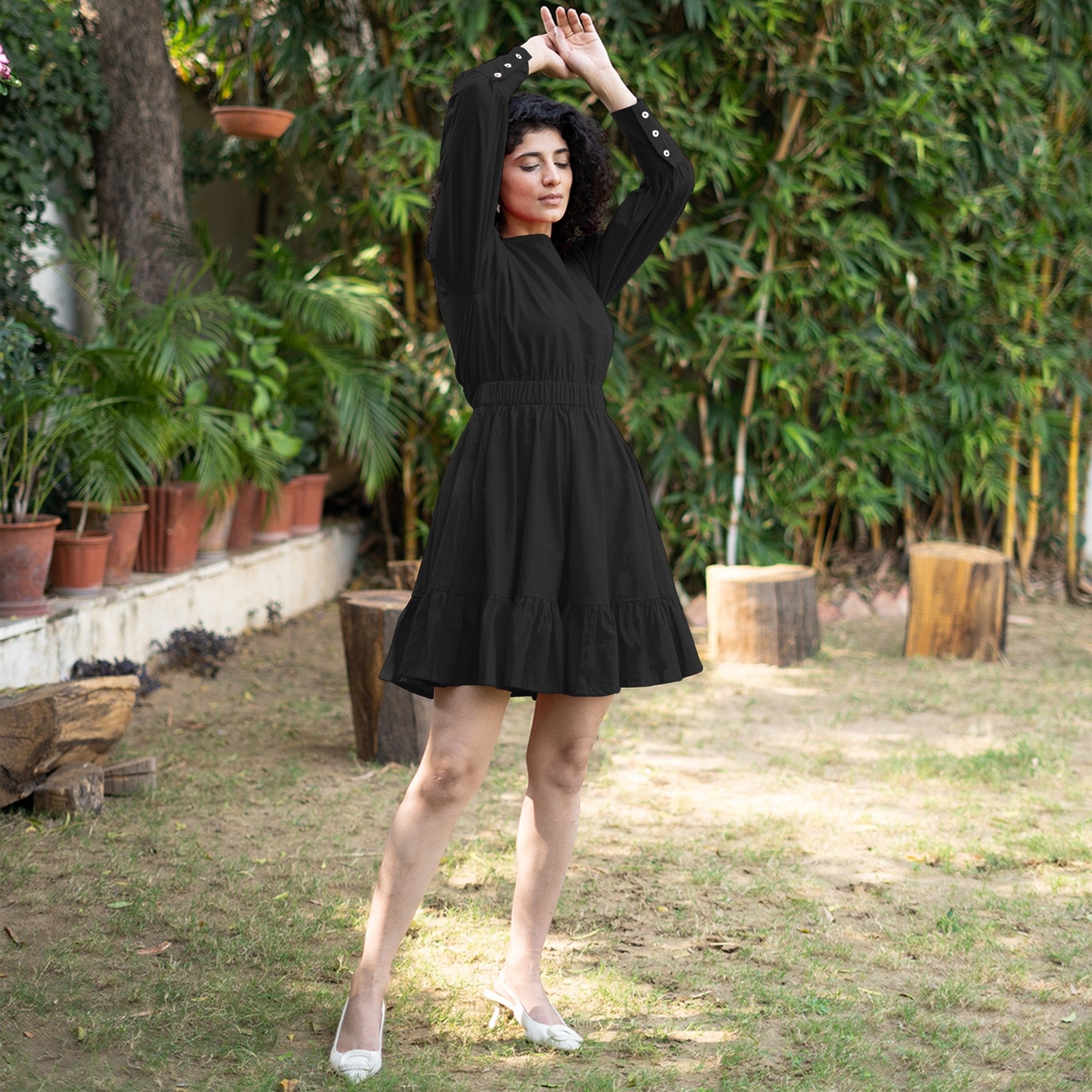 little black cotton dress Poplin Gathered Short Tier Seamsfriendly Size:34/2XS collections:clean-refresh-26 SHEIN Belle Plus Size Regular fit
