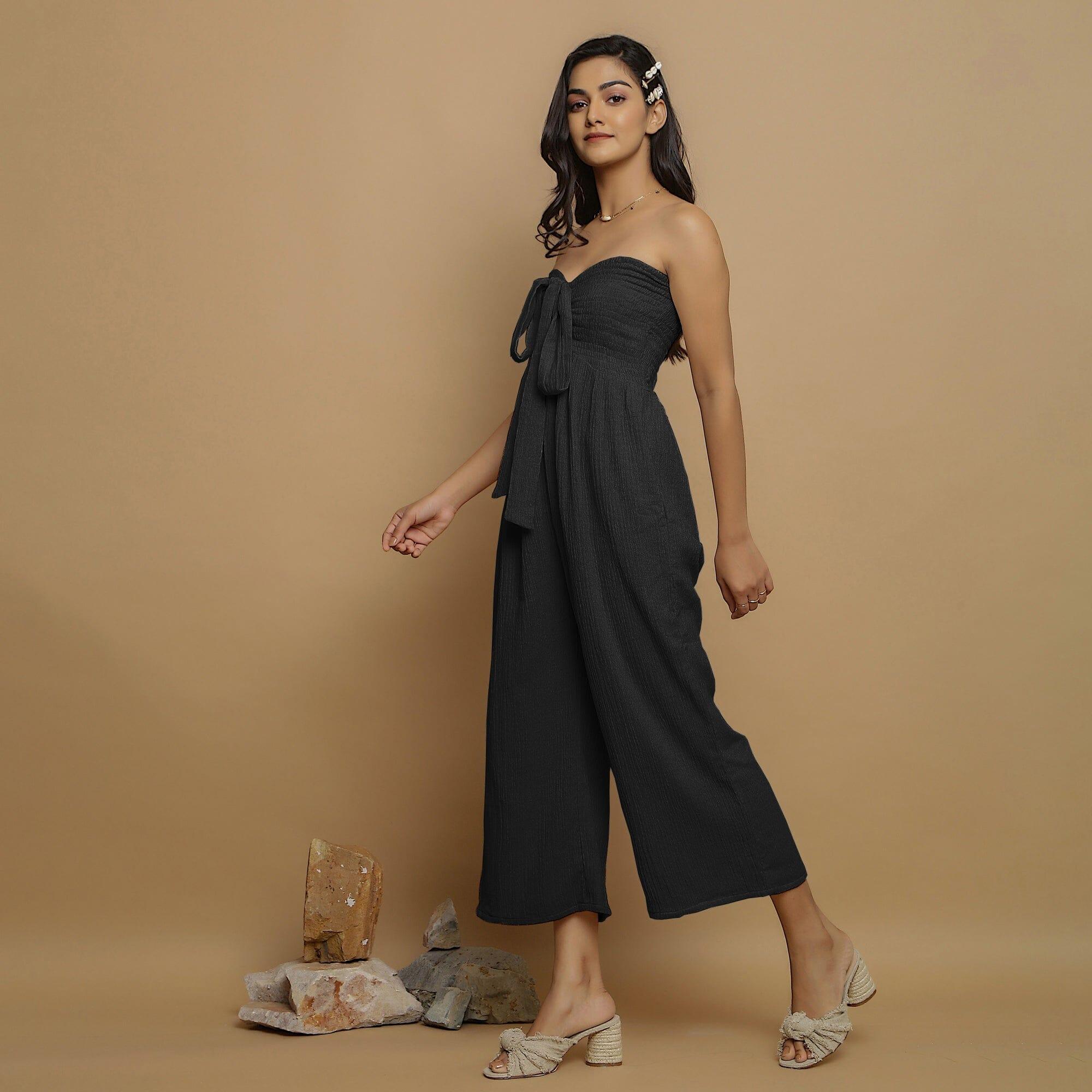 Buy Black Crinkled Cotton Flax High-Rise Jumpsuit Online at