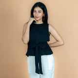 Black Crinkled Cotton Flax Sleeveless Tie-Up Top