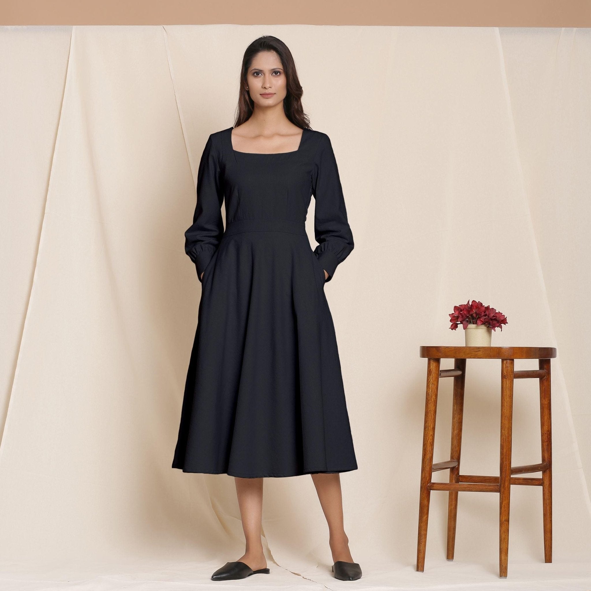 Black Warm Cotton Flannel Fit and Flare Midi Dress 62