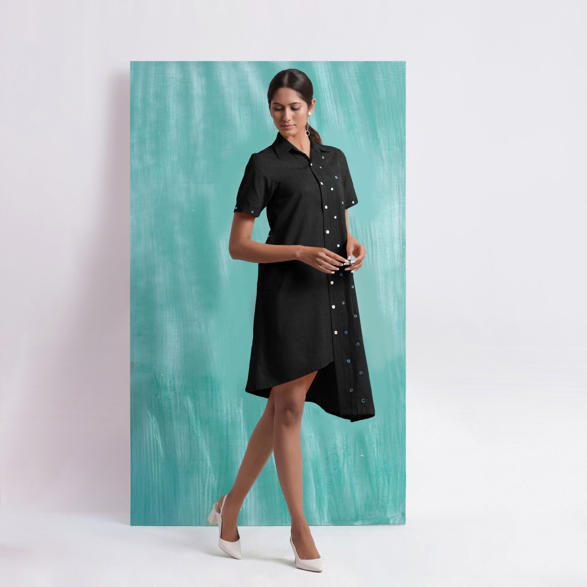 knee length asymmetrical dress Black Mirror Work Cotton Knee Length Asymmetrical Dress Custom Size (Free) / Petite (5'1