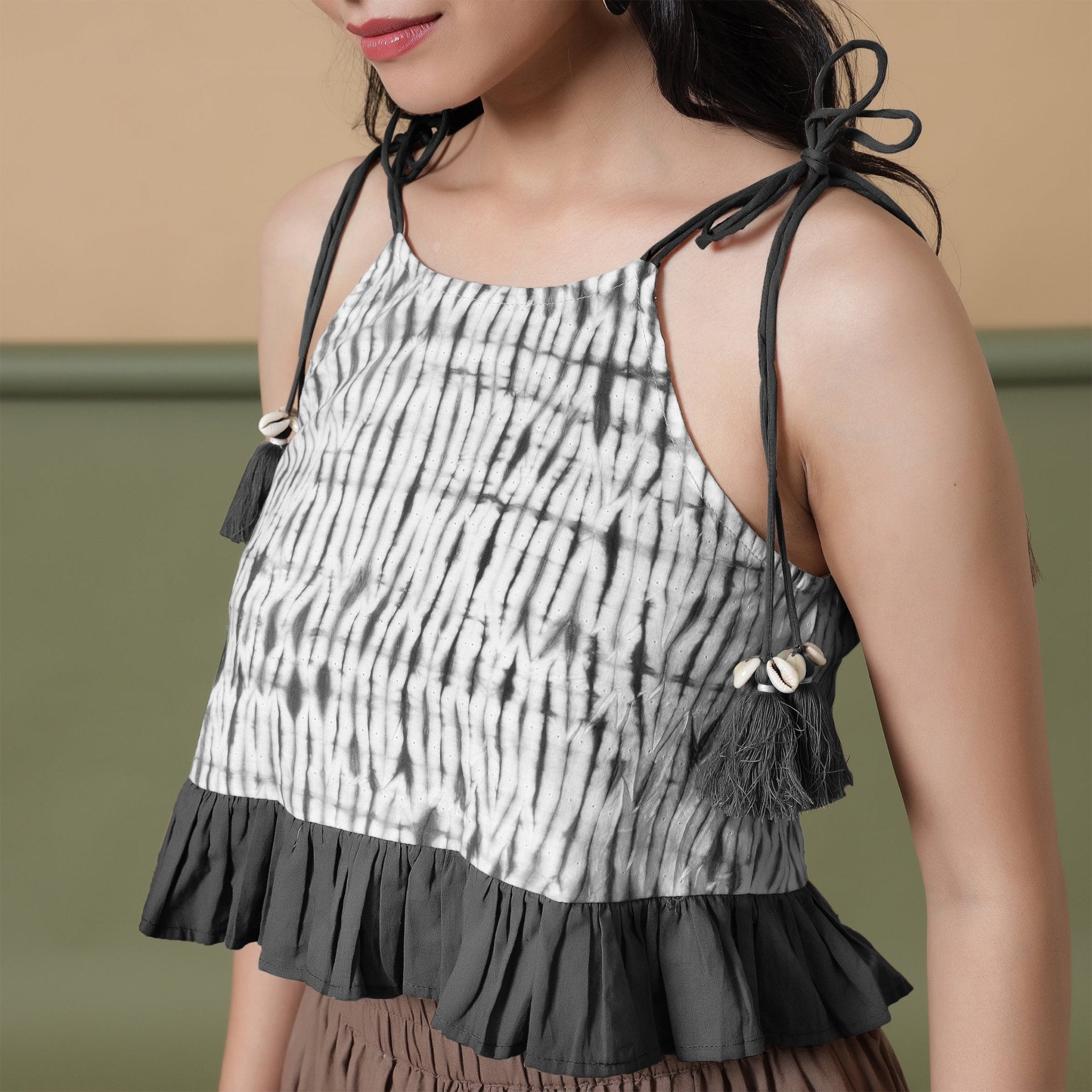 Buy Black Shibori Tie-Dye Cotton Frilled Camisole Top Online at