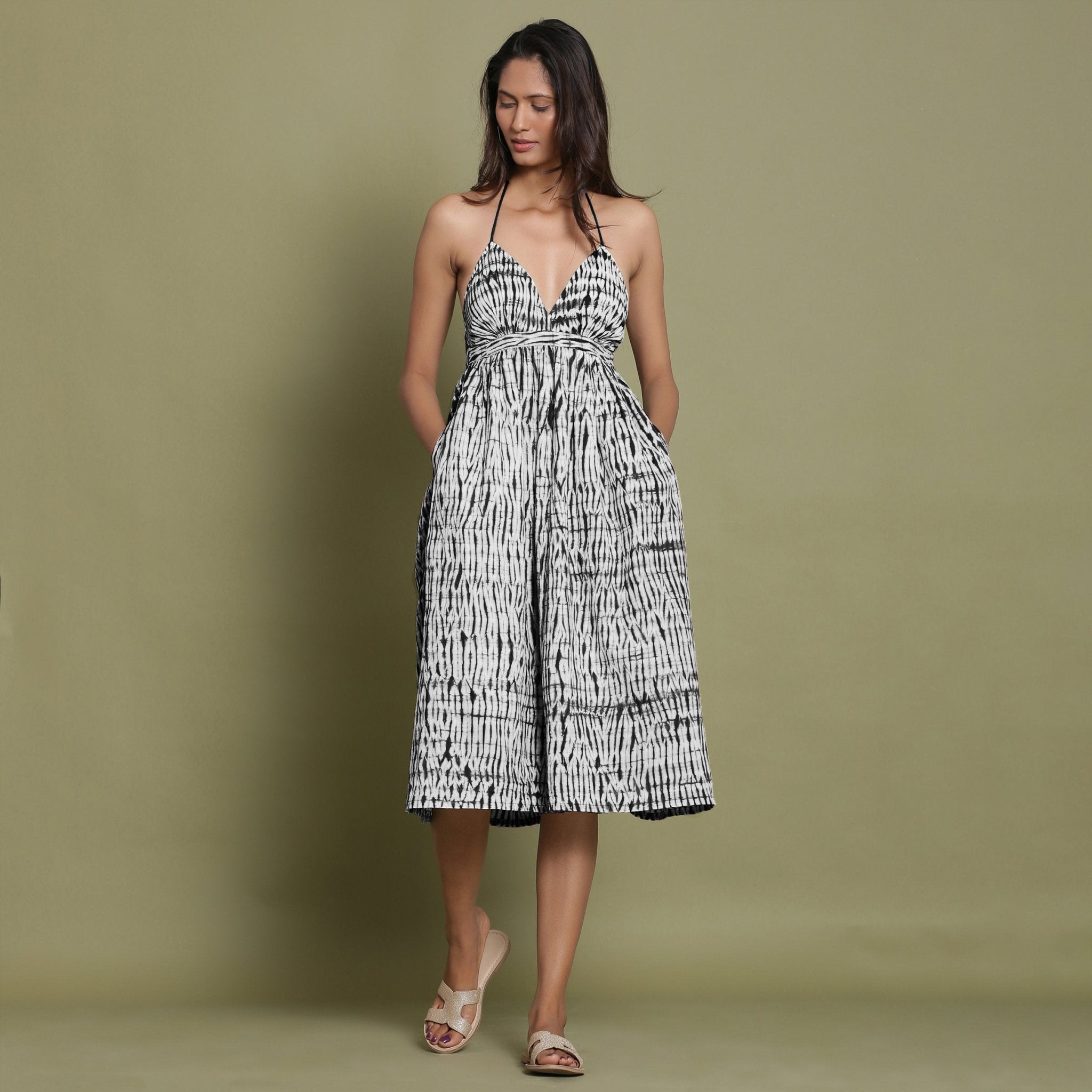 Black Shibori Tie-Dye Cotton Halter Neck Gathered Midi Dress 64