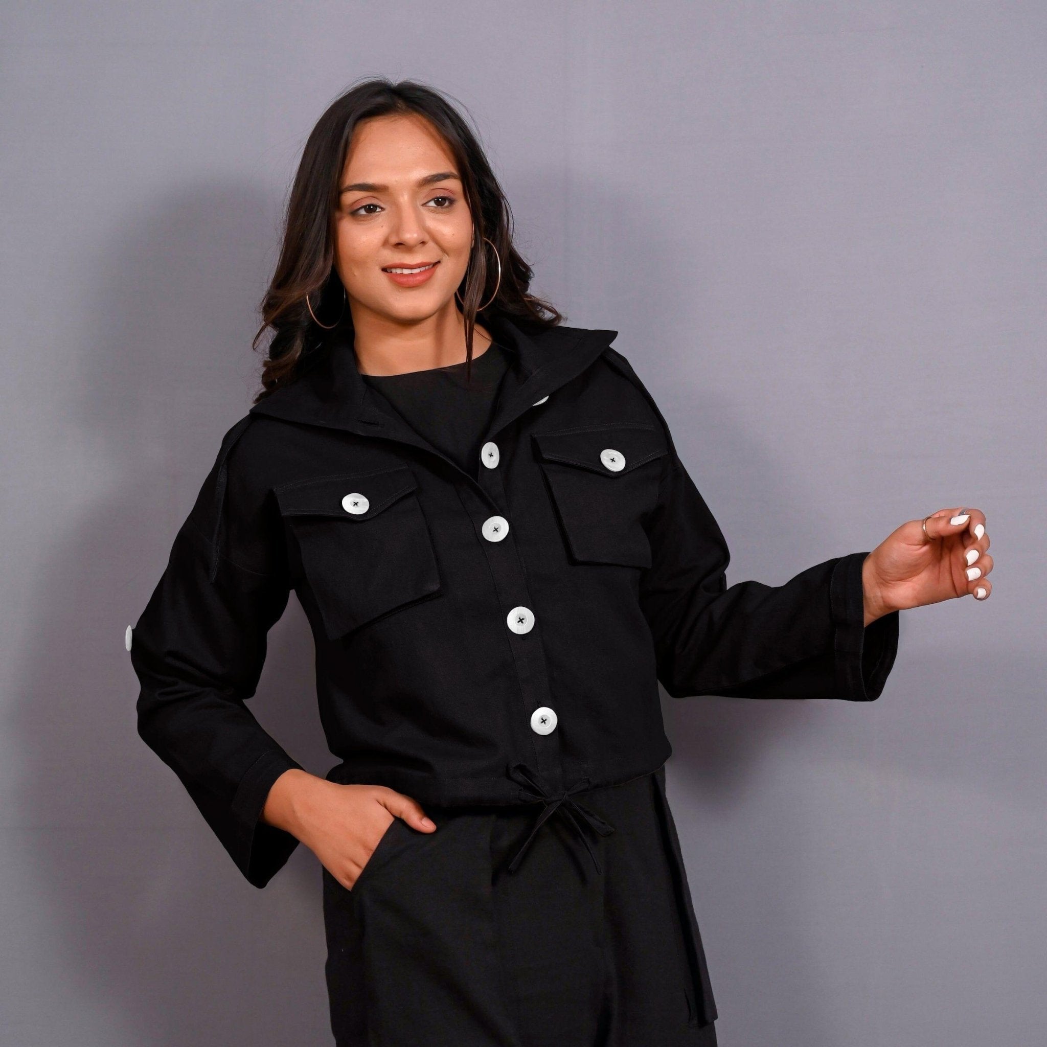 Buy Black Warm Cotton Flannel Button-Down Shacket Online at