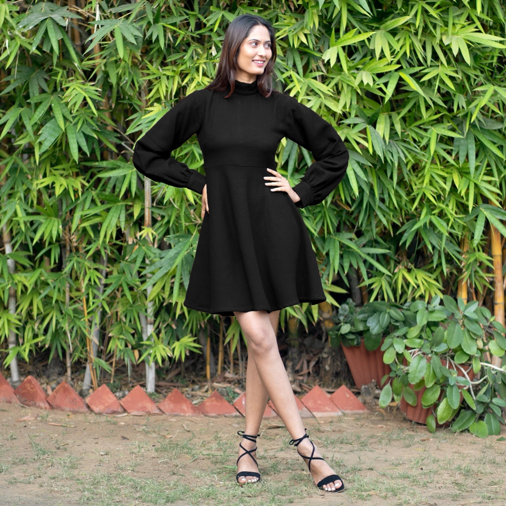 black warm dress Cotton Waffle Fit and Flare Short 46
