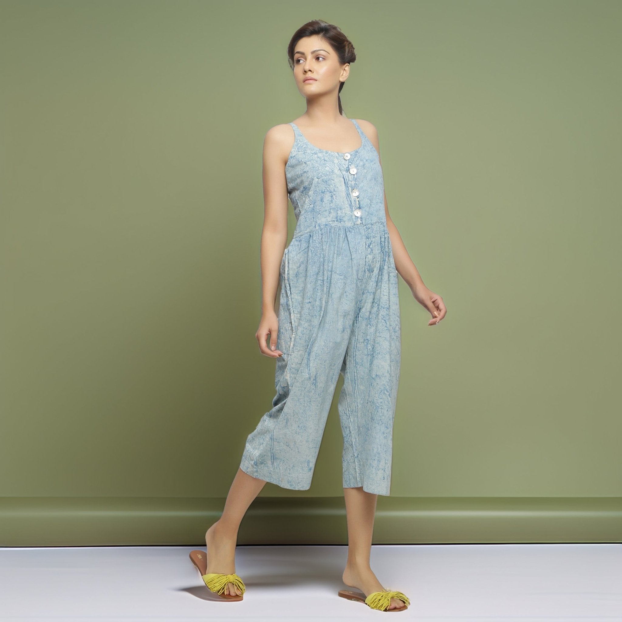 Blue Dabu Print Jumpsuit Dress