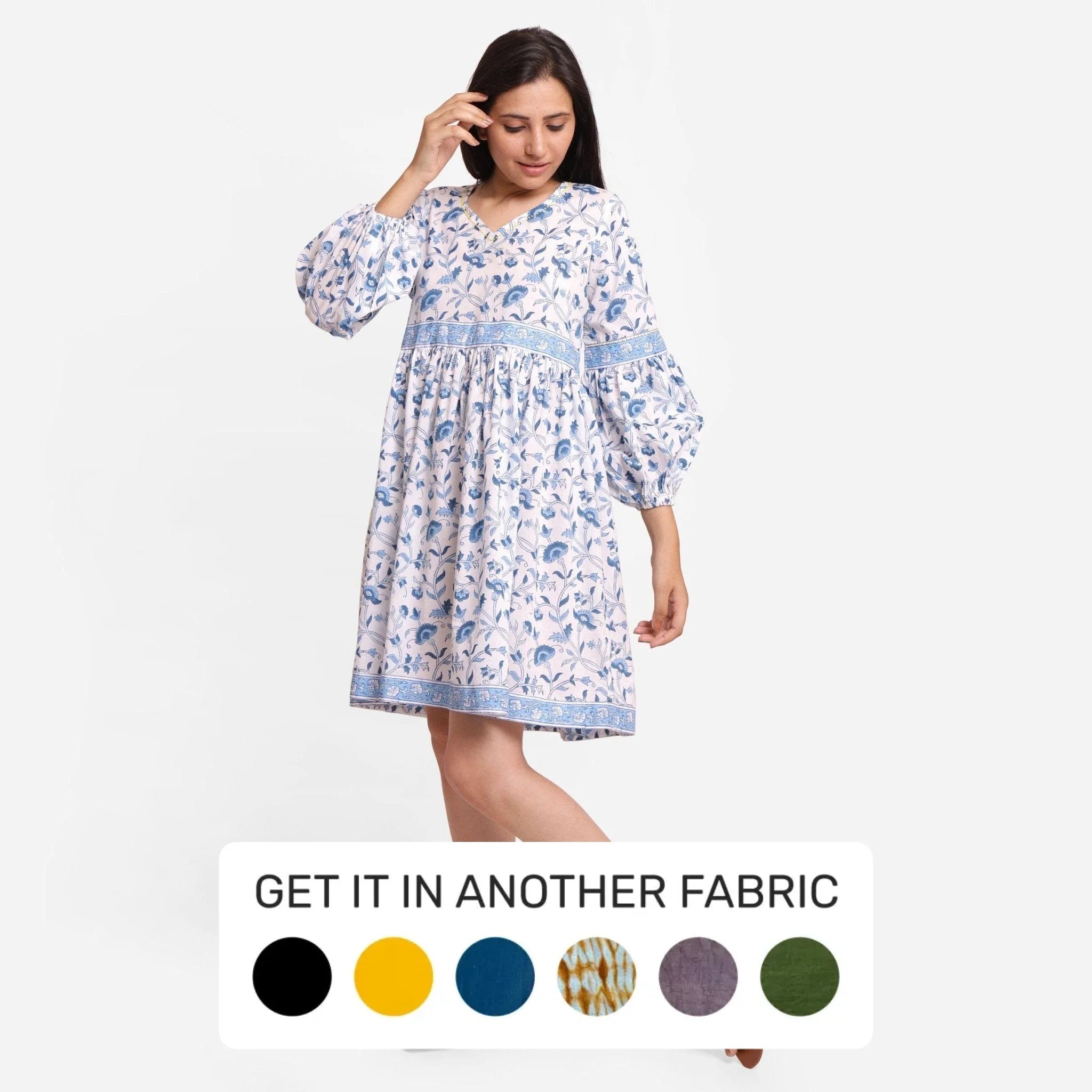 Blue Floral Block Print Cotton Fit and Flare Short Dress Blue Floral Block Print Cotton Fit and Flare Short Dress