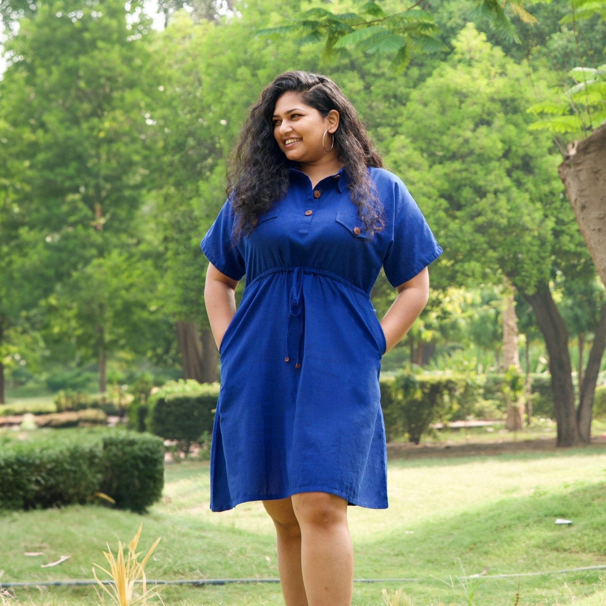 Blue Handspun 100% Cotton Short Safari Dress 34
