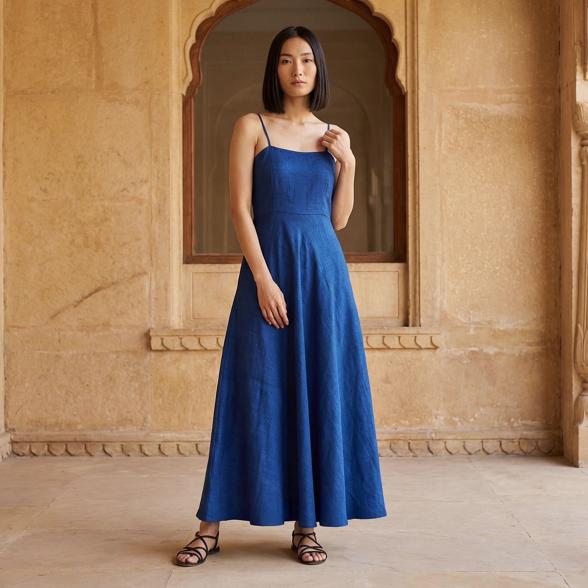 Buy Blue Handspun Cotton Ankle Length Flared Sundress Online at  SeamsFriendly