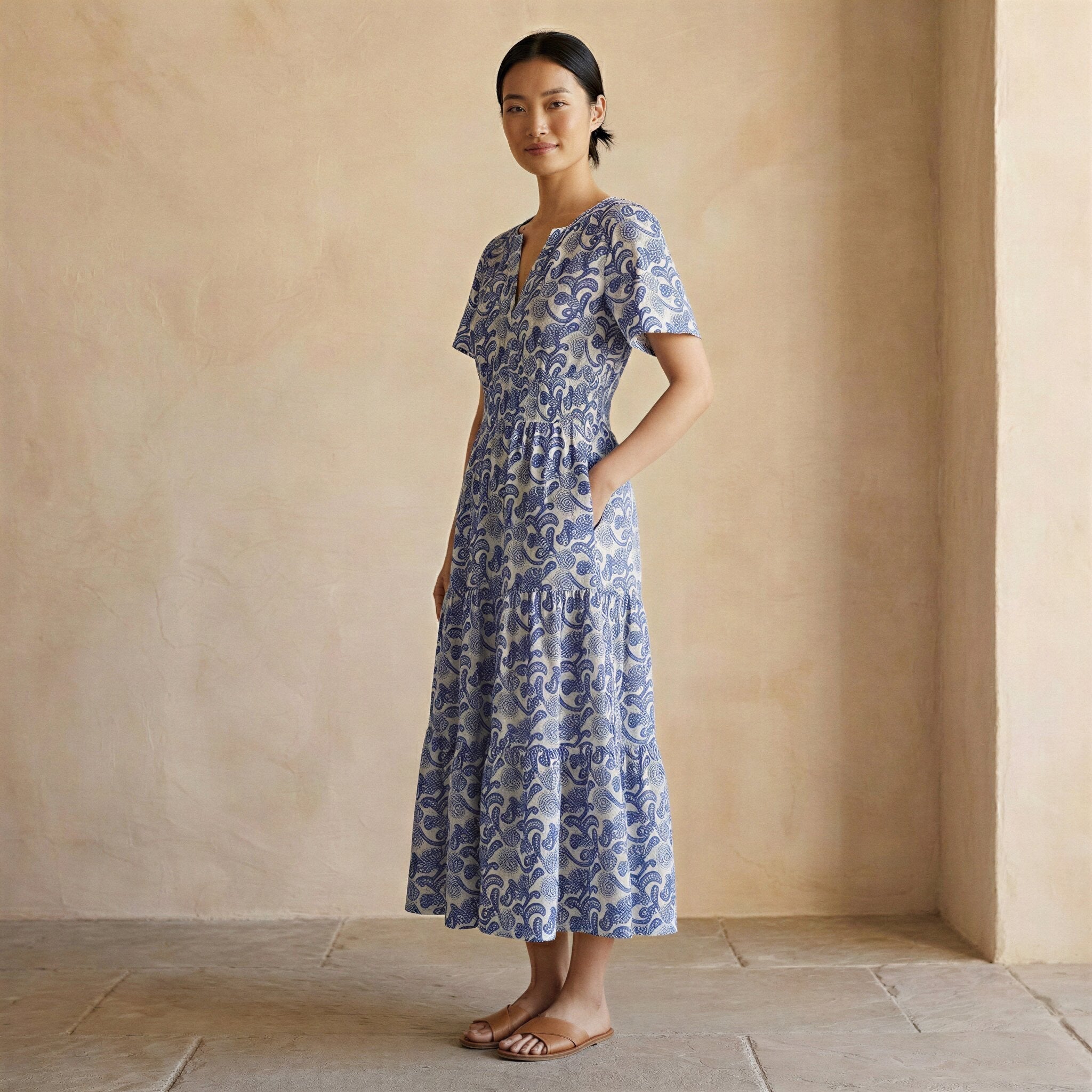 Buy Blue Mughal Floral Block Print Cotton Flutter Sleeve Tie-Back Tiered  Midi Dress Online at SeamsFriendly