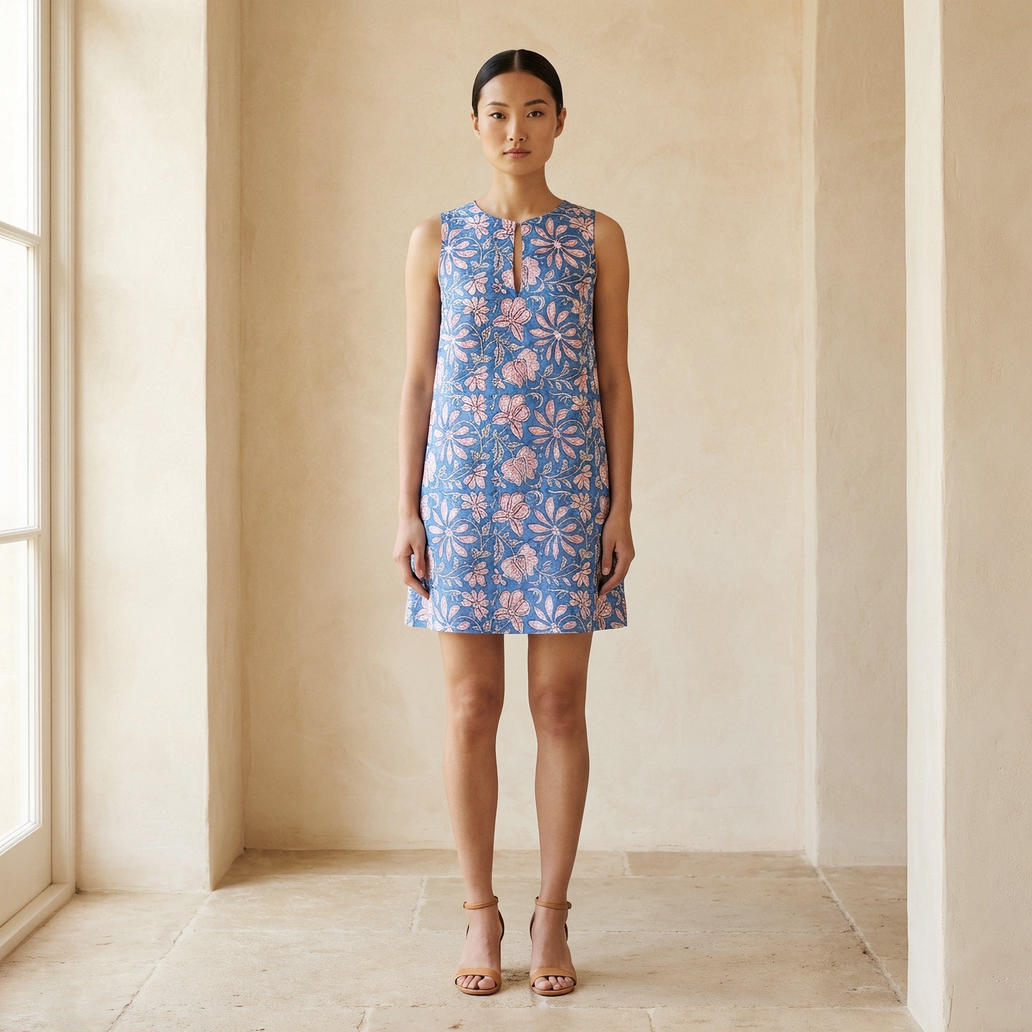 Buy Blue-White Floral Block Print Cotton Sleeveless A-Line Short Shift Dress Online at SeamsFriendly Buy Blue-White Floral Block Print Cotton Sleeveless A-Line Short Shift Dress Online at SeamsFriendly