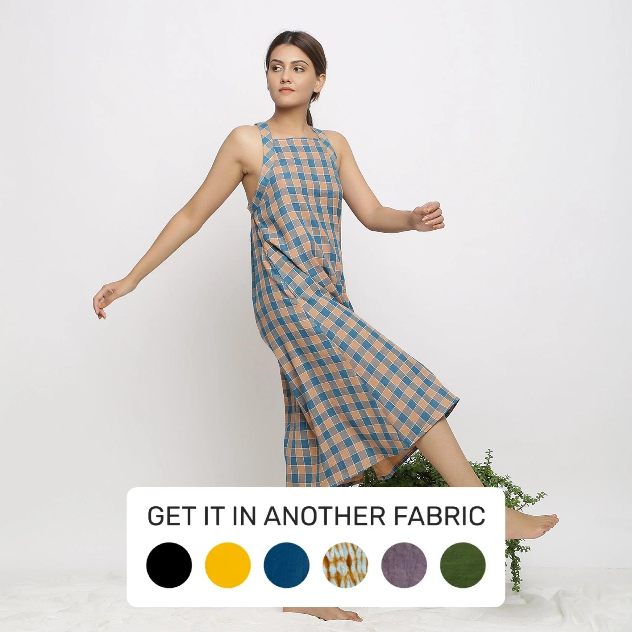 Bottle Green Checks Cotton Muslin Square Neck Midi Dress Bottle Green Checks Cotton Muslin Square Neck Midi Dress