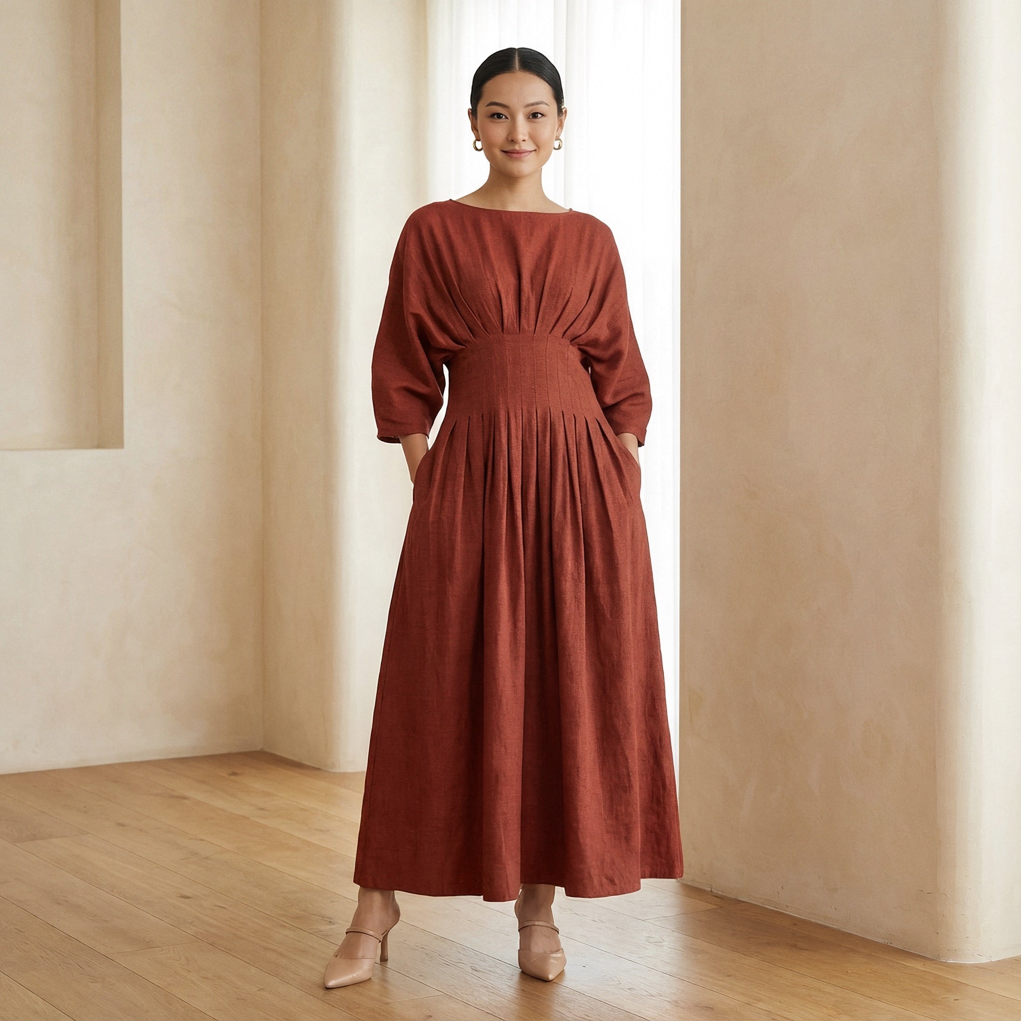 Buy Brick Red 100% Cotton Cinched Waist Flared Maxi Dress Online at  SeamsFriendly