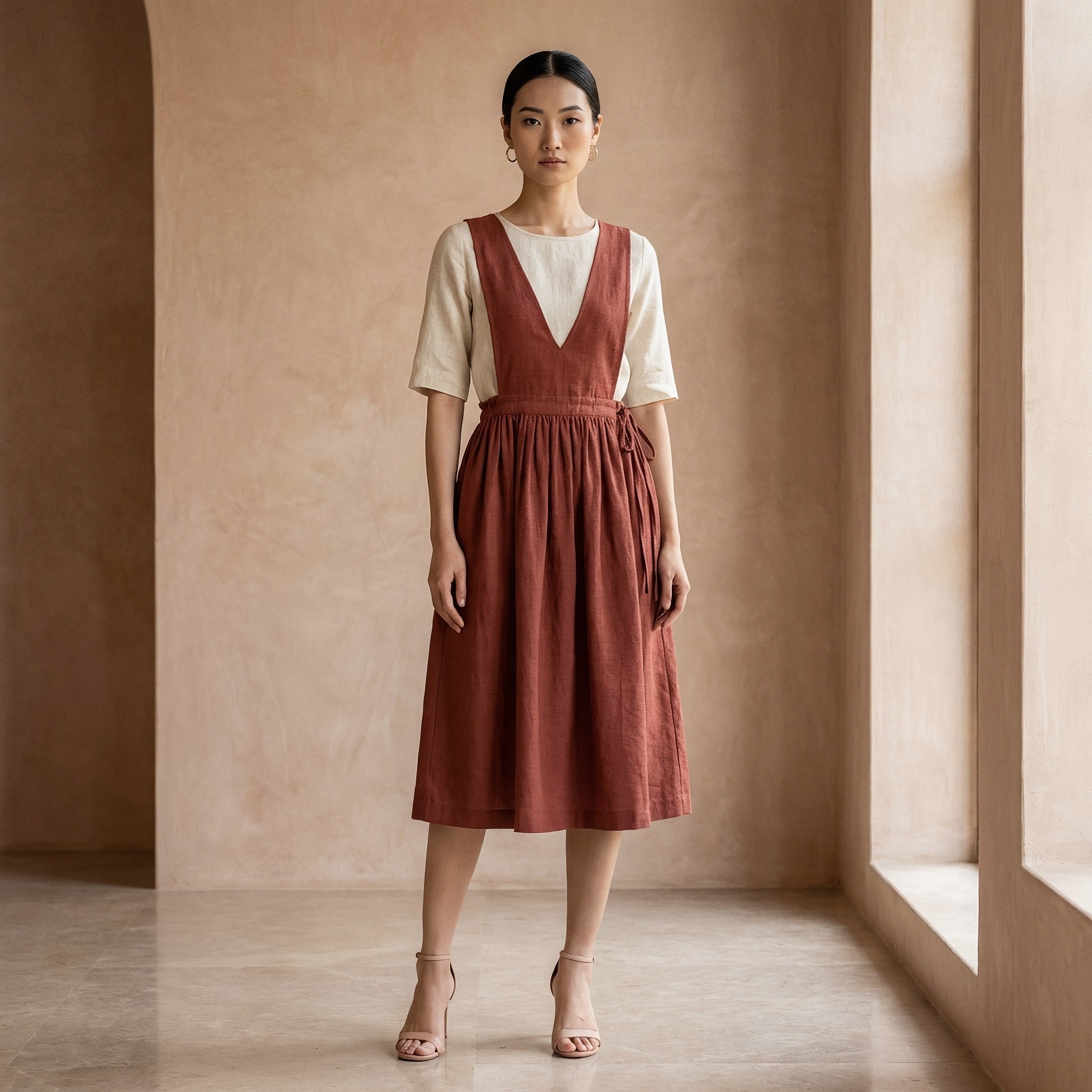 100 cotton wrap dress Brick Red 100% V-Neck Pinafore Midi 46