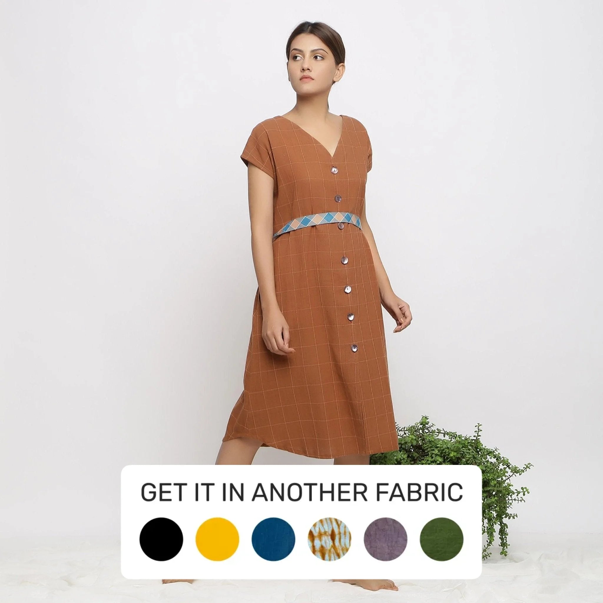 Brown Checks Handspun Cotton Knee Length Shift Dress Brown Checks Handspun Cotton Knee Length Shift Dress