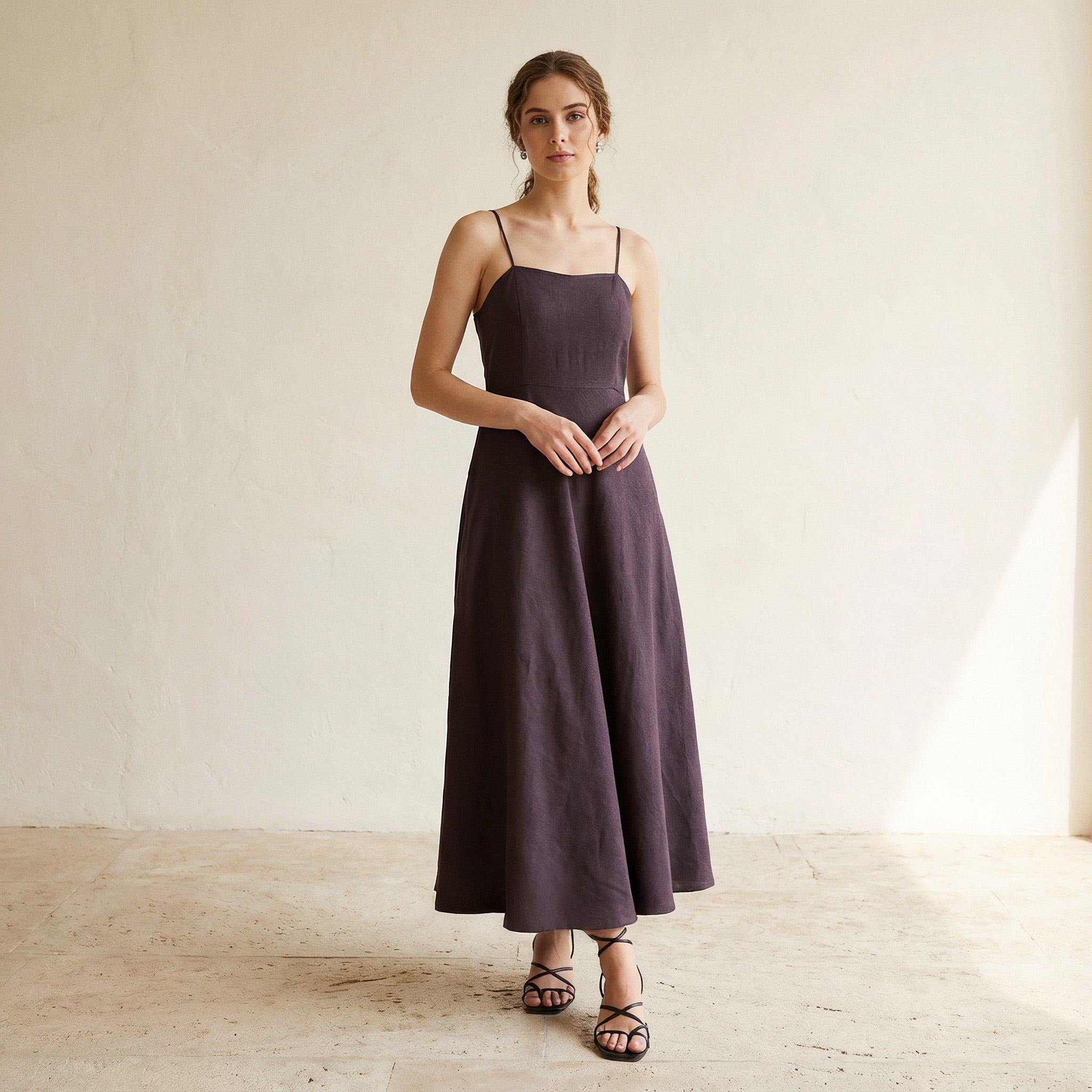 Brown Cotton Flax Ankle Length Flared Sundress 40" / Petite (5'1" and below) Brown Cotton Flax Ankle Length Flared Sundress 40" / Petite (5'1" and below)