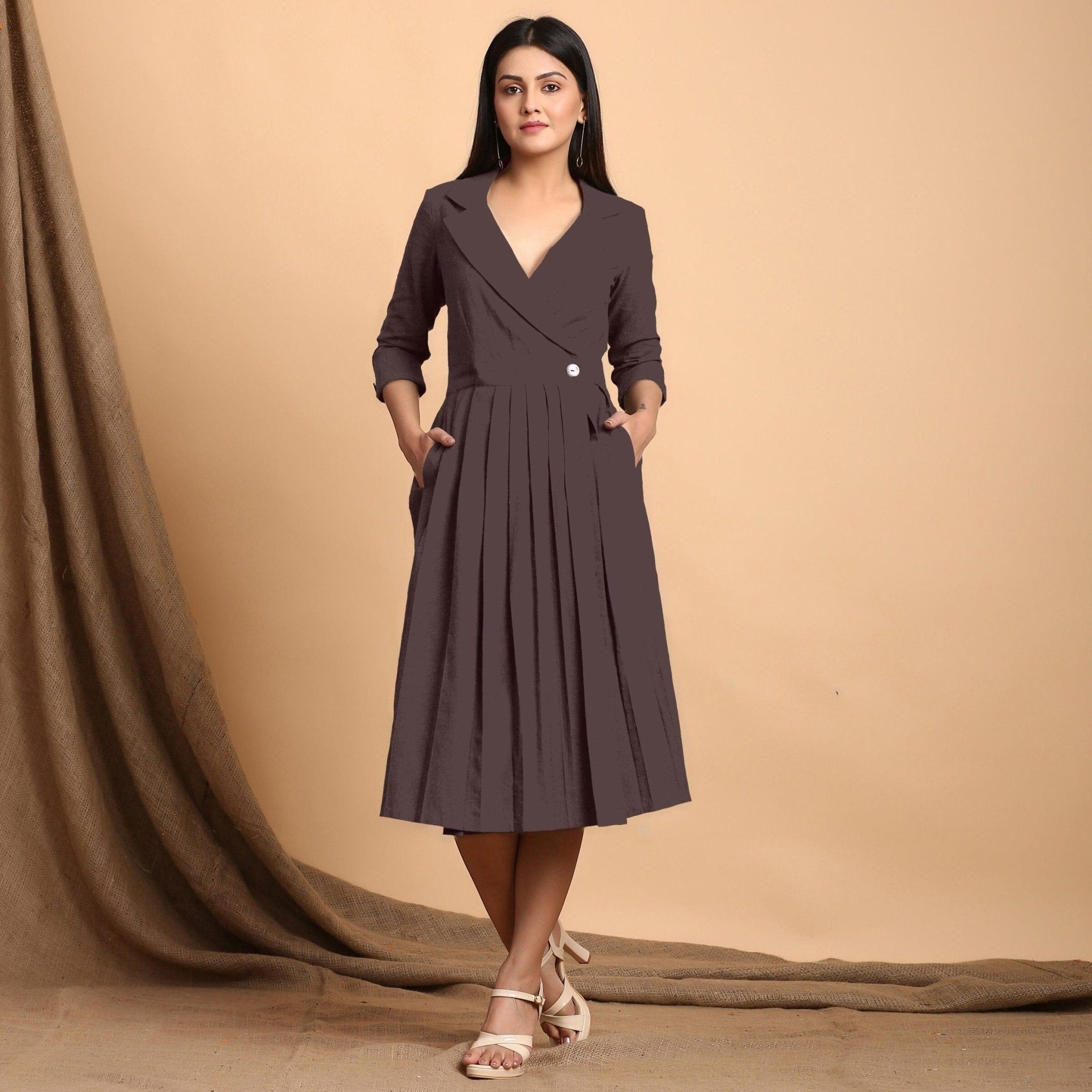 Brown Cotton Flax Notched Collar Midi Pleated Wrap Dress 48