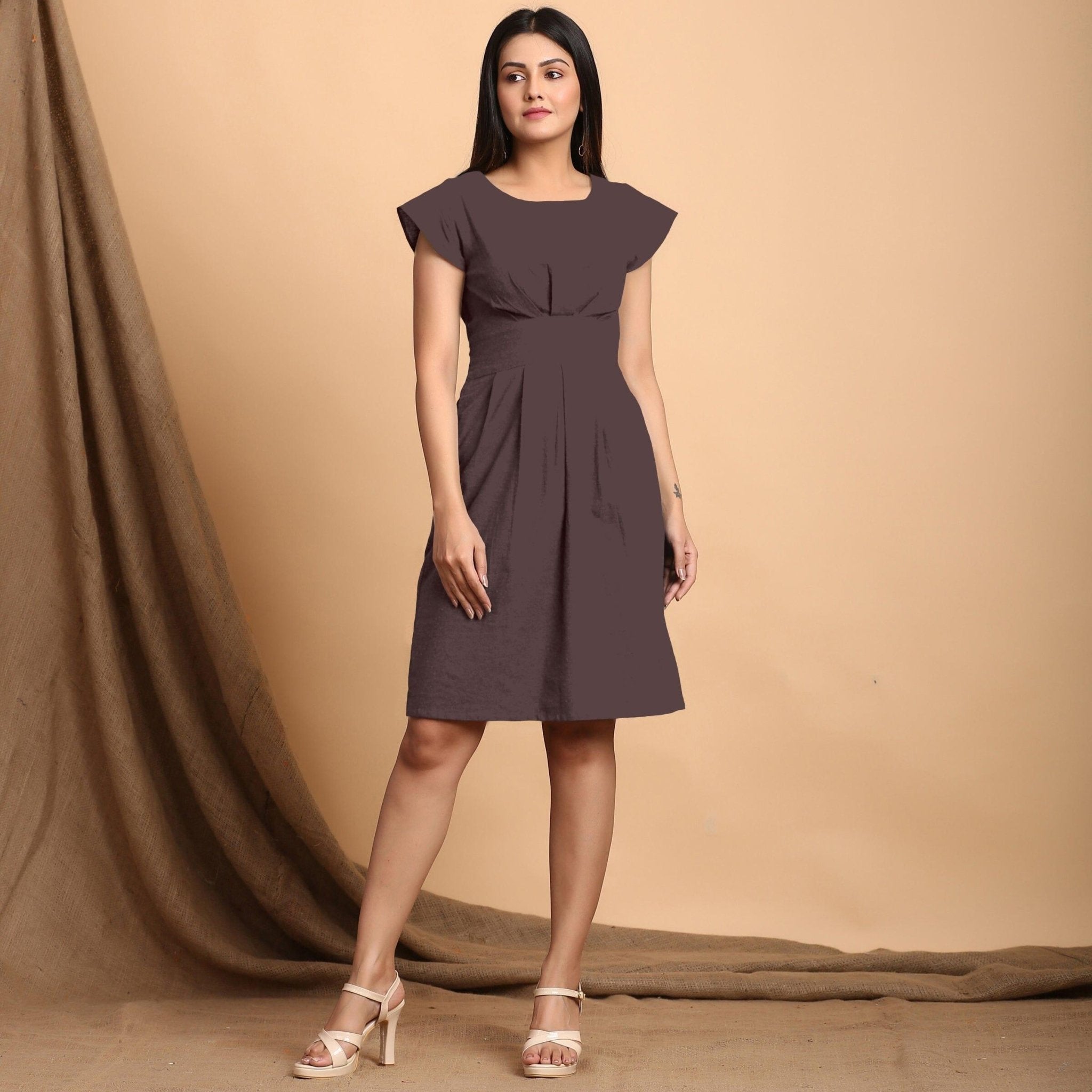 Buy Brown Cotton Flax Pleated Cap Sleeves Short Dress Online at