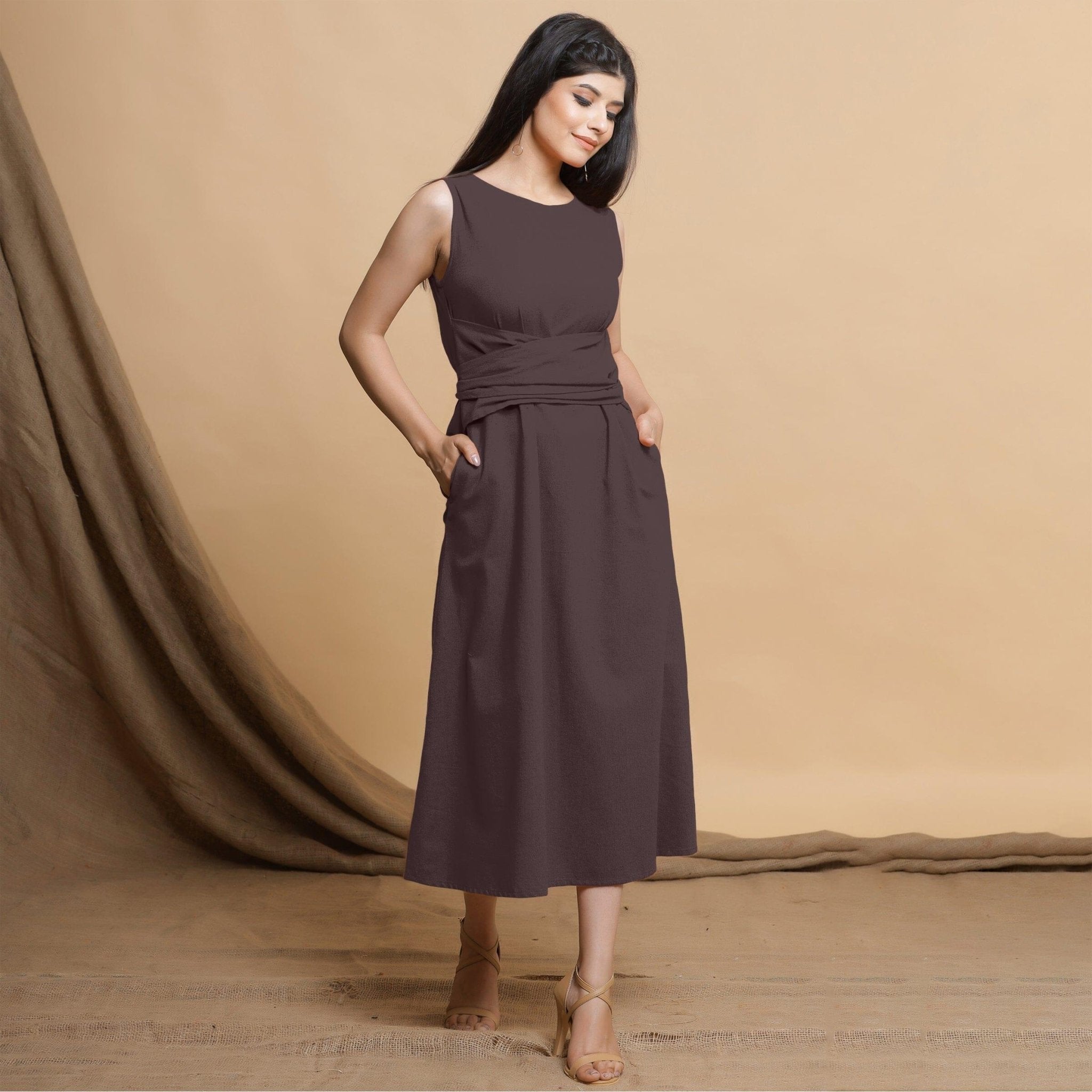 Brown Cotton Flax Sleeveless A-Line Midi Dress 50